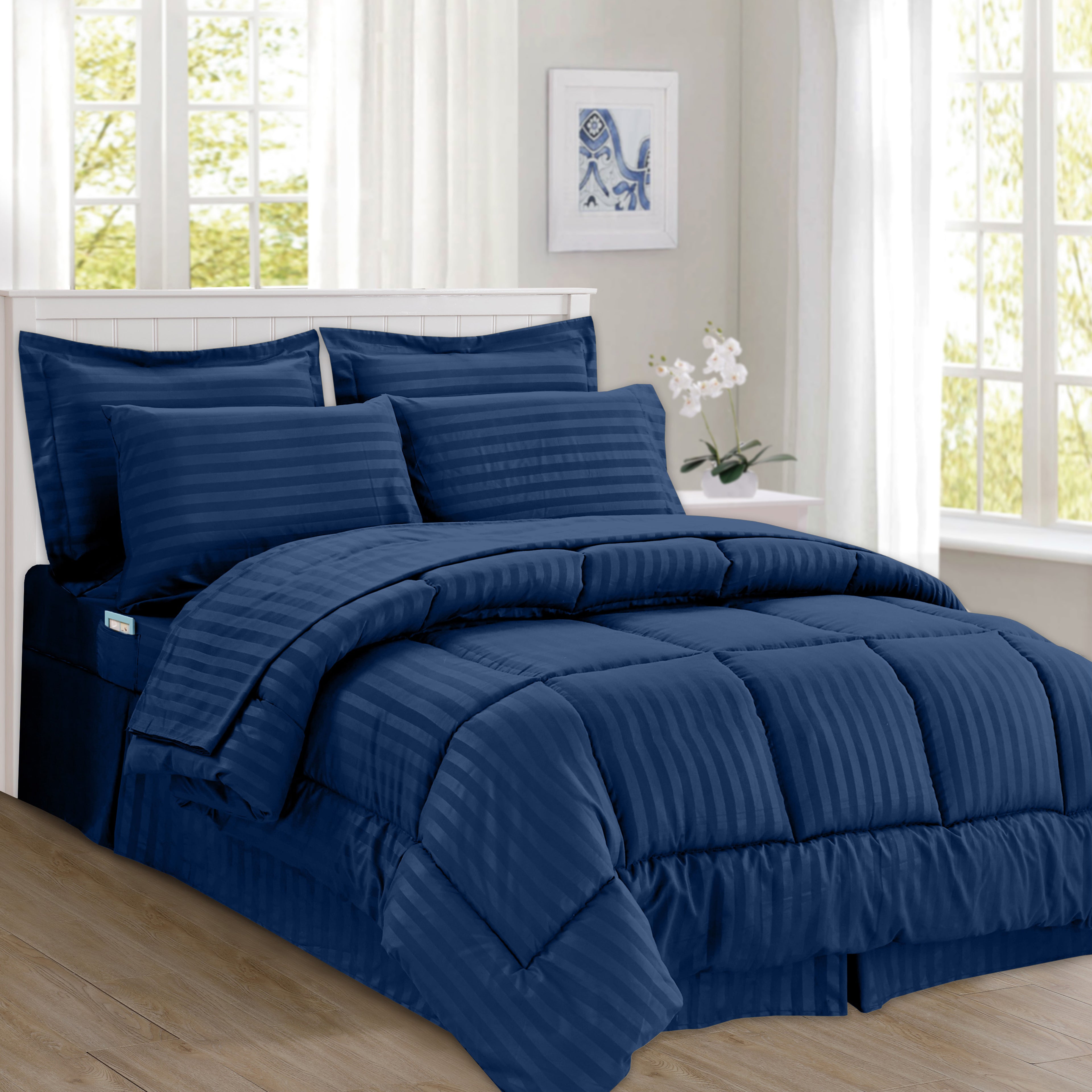 8-Piece Dobby Stripe Comforter Set - Includes 4-Piece Sheet Set with Double Sided Storage Pockets