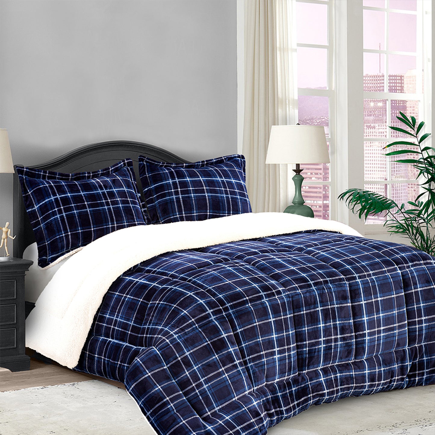 Elegant Comfort 3-Piece Plaid Micro-Suede Reversible Sherpa - Comforter Set