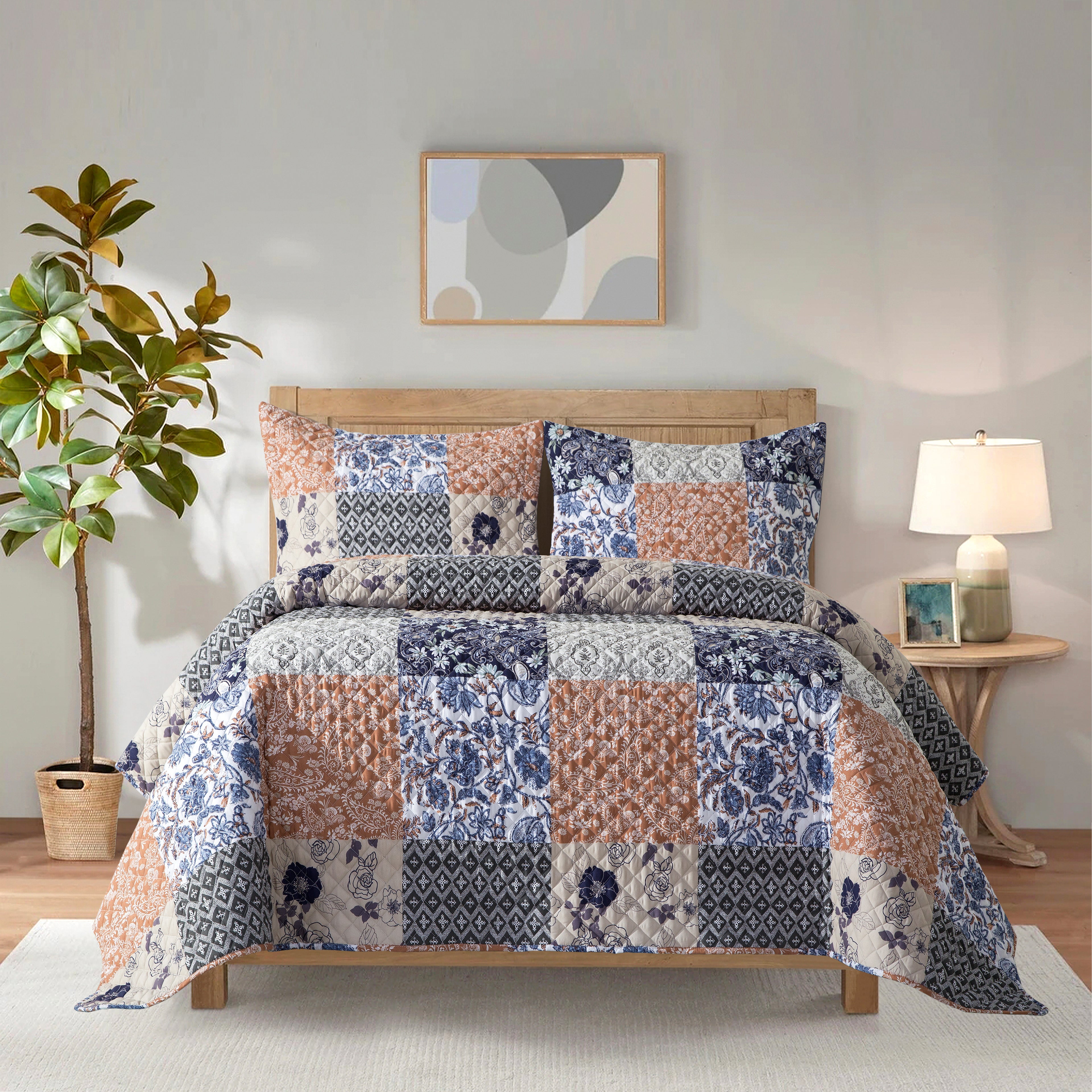 3-Piece Patch Plaid Quilted Reversible Bedspread Coverlet Set