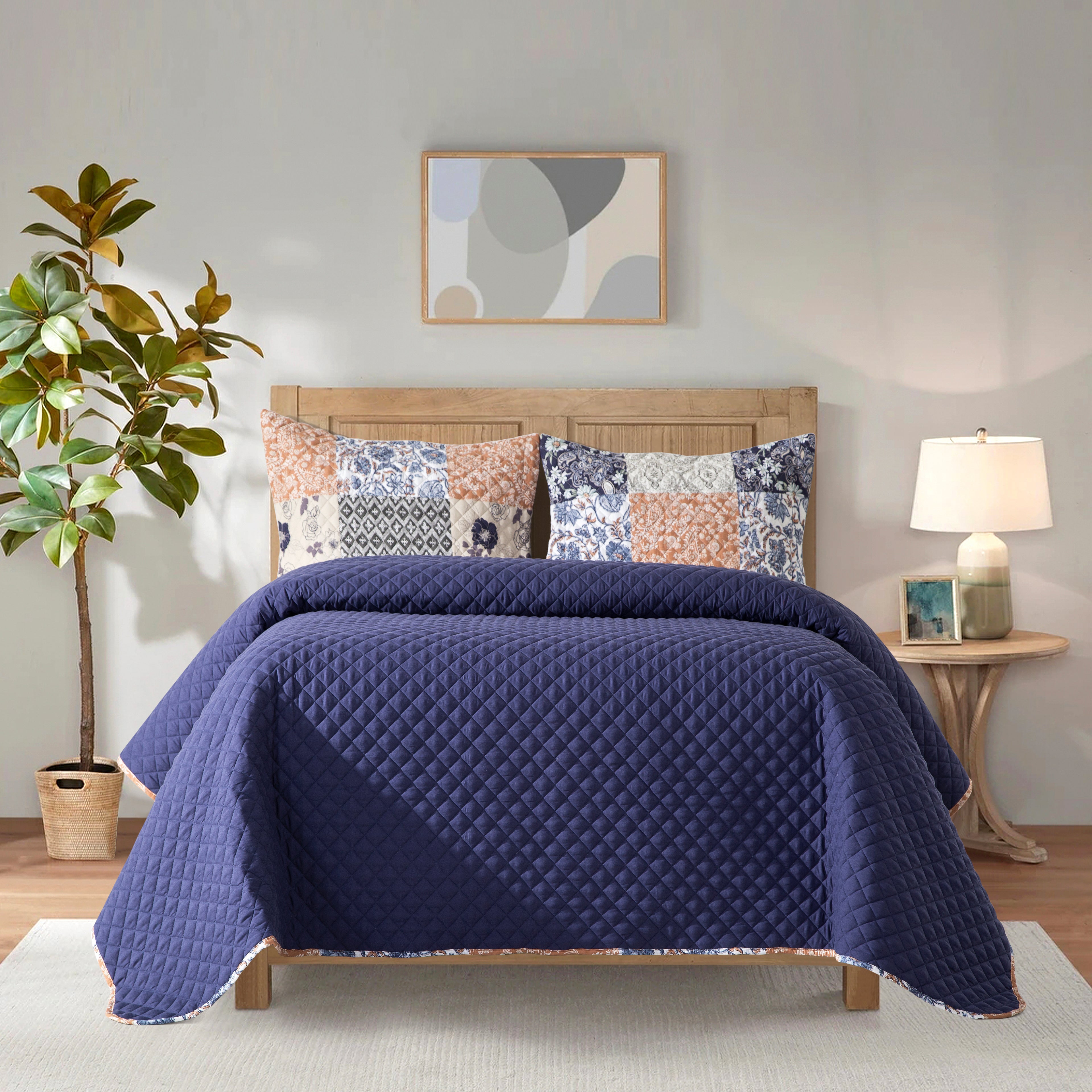 3-Piece Patch Plaid Quilted Reversible Bedspread Coverlet Set