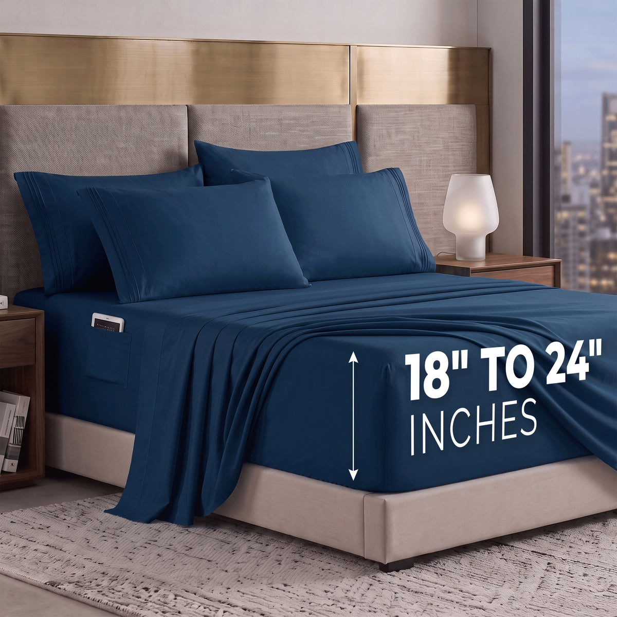 Extra deep 18-24 Inch Pocket 3 Line Embroidery, 6-Piece Sheet Set, Moody Shades