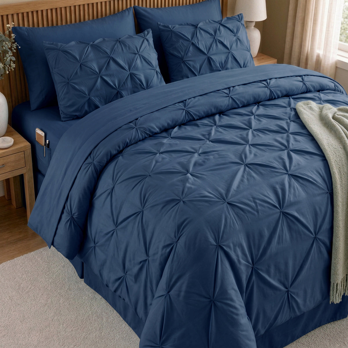 8-Piece Pintuck Pinch Pleated Comforter Set - Includes 4-Piece Sheet Set with Double Sided Storage Pockets