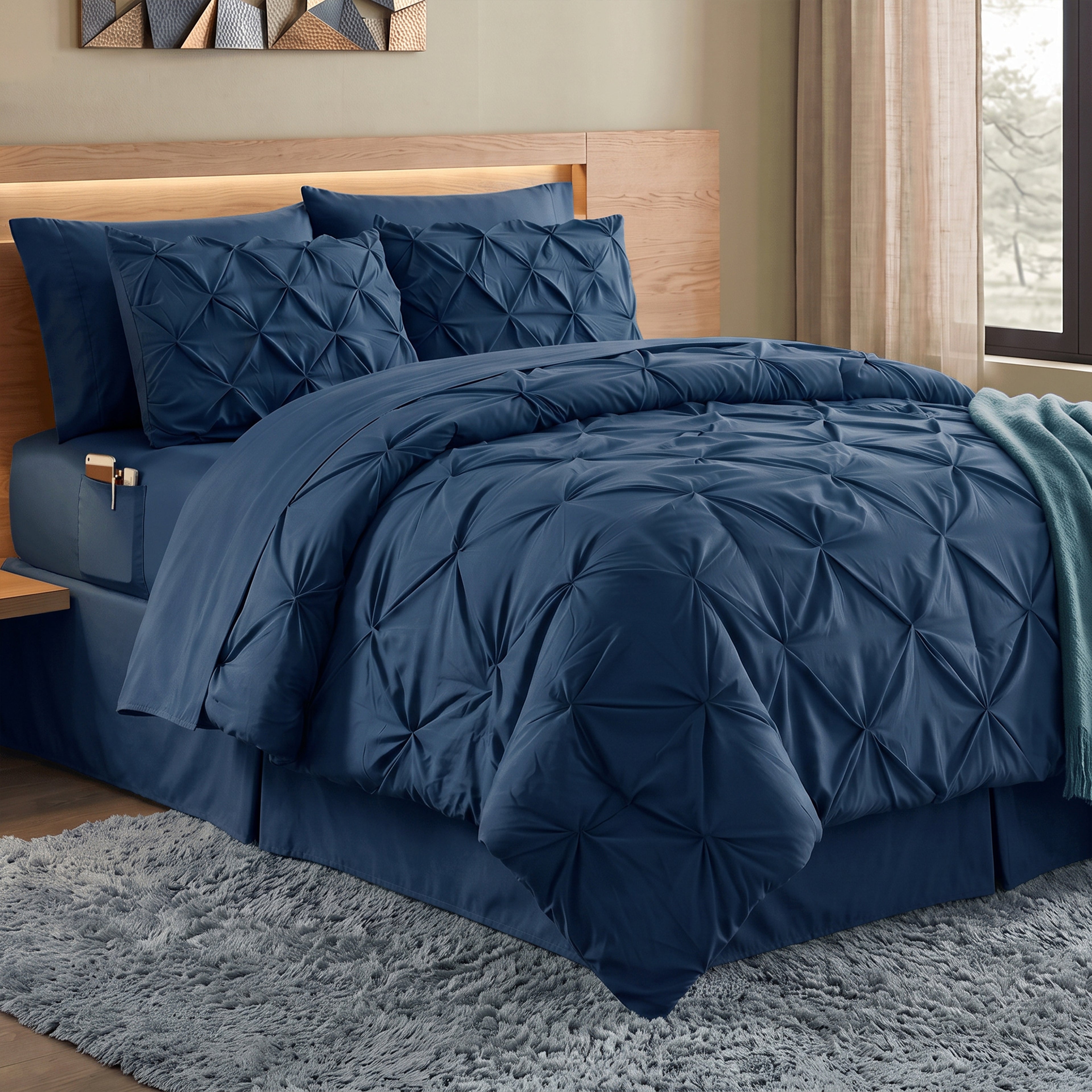 8-Piece Pintuck Pinch Pleated Comforter Set - Includes 4-Piece Sheet Set with Double Sided Storage Pockets