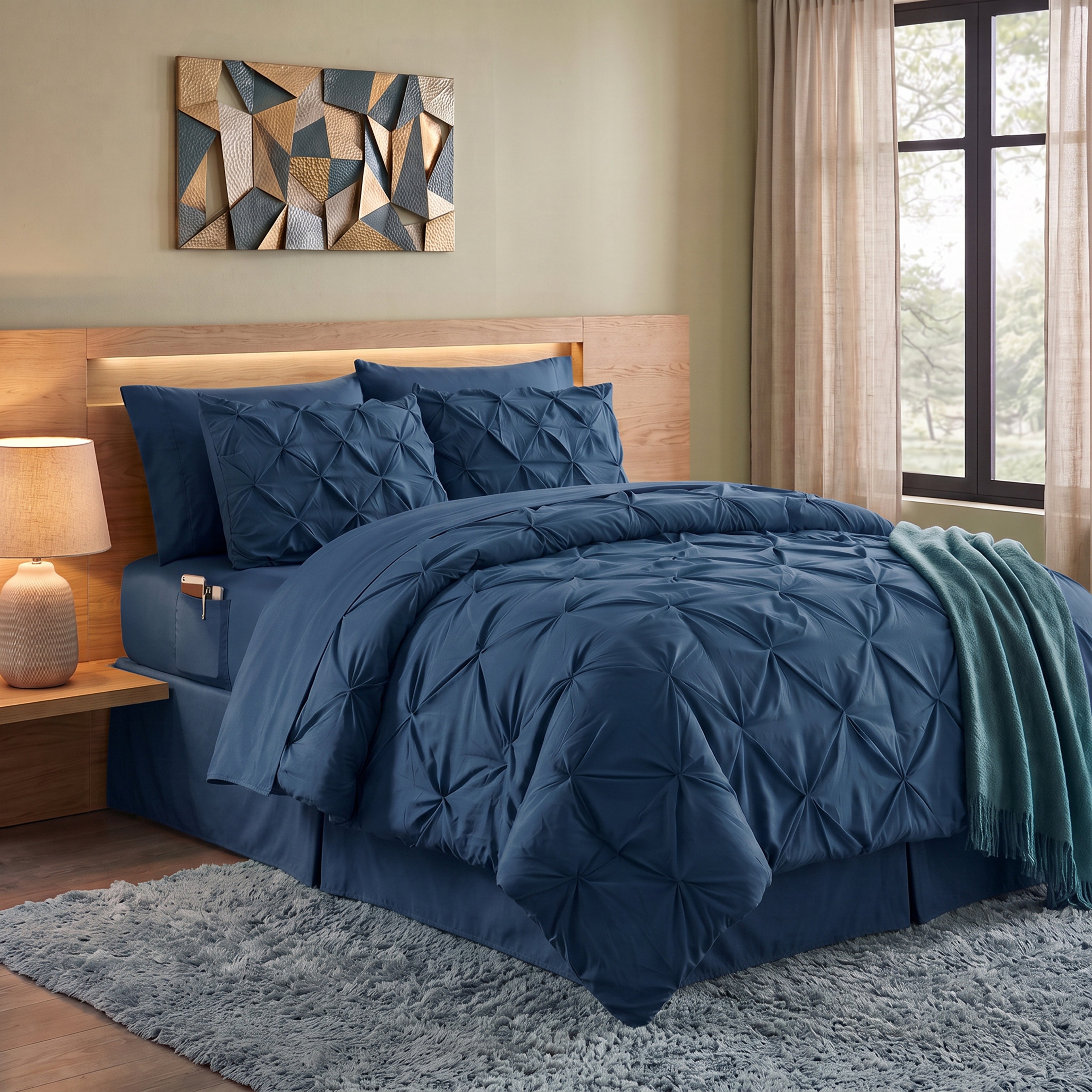 8-Piece Pintuck Pinch Pleated Comforter Set - Includes 4-Piece Sheet Set with Double Sided Storage Pockets