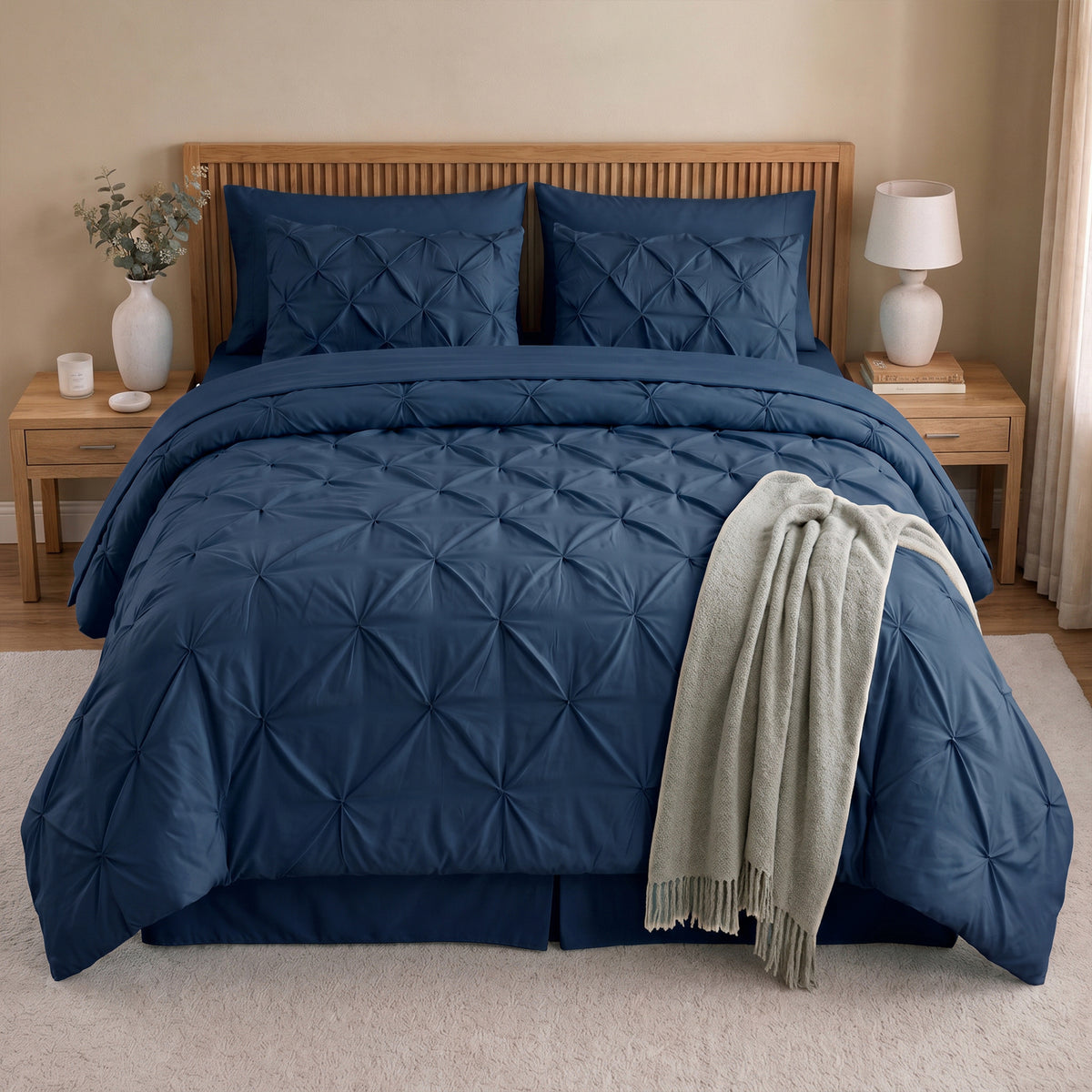8-Piece Pintuck Pinch Pleated Comforter Set - Includes 4-Piece Sheet Set with Double Sided Storage Pockets