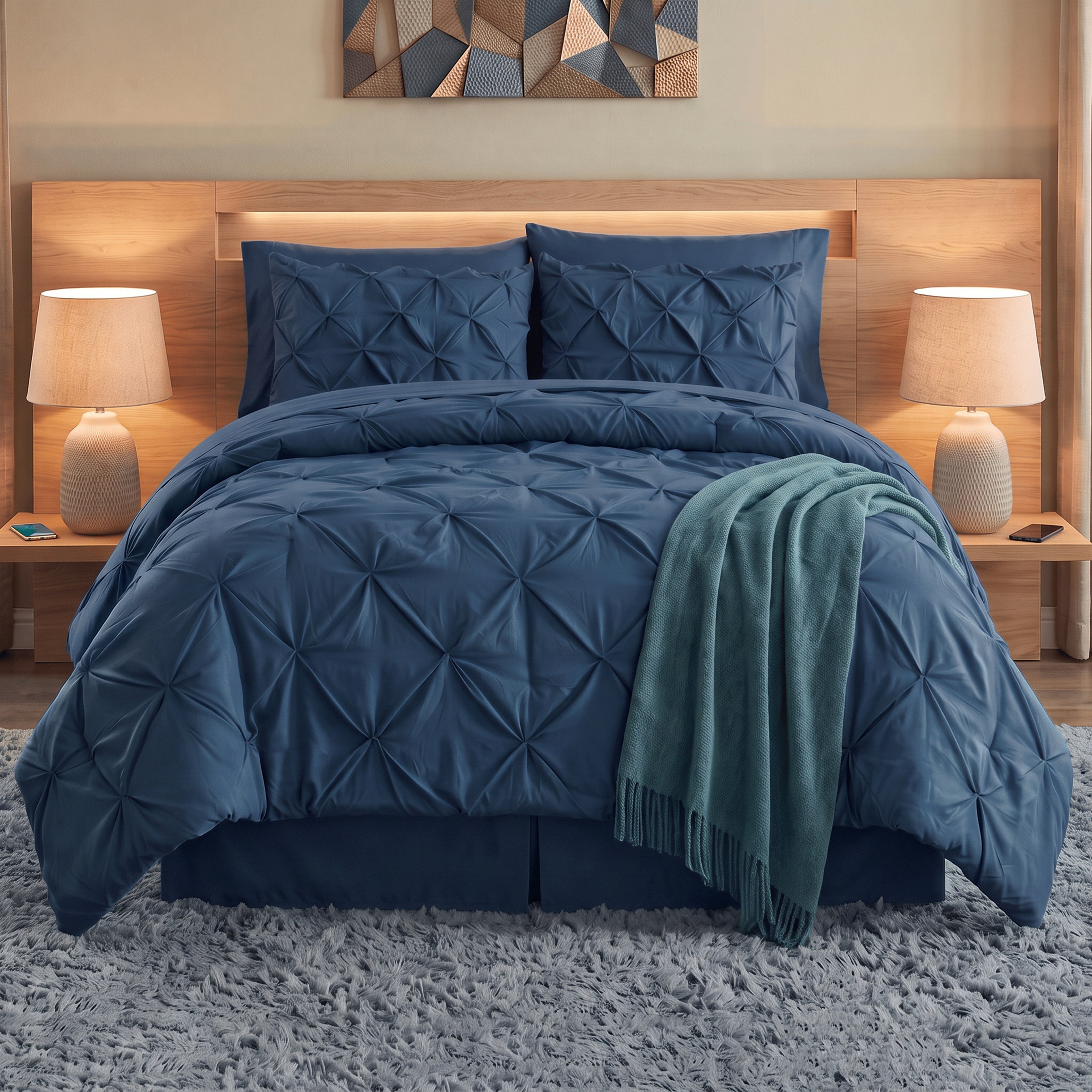 8-Piece Pintuck Pinch Pleated Comforter Set - Includes 4-Piece Sheet Set with Double Sided Storage Pockets