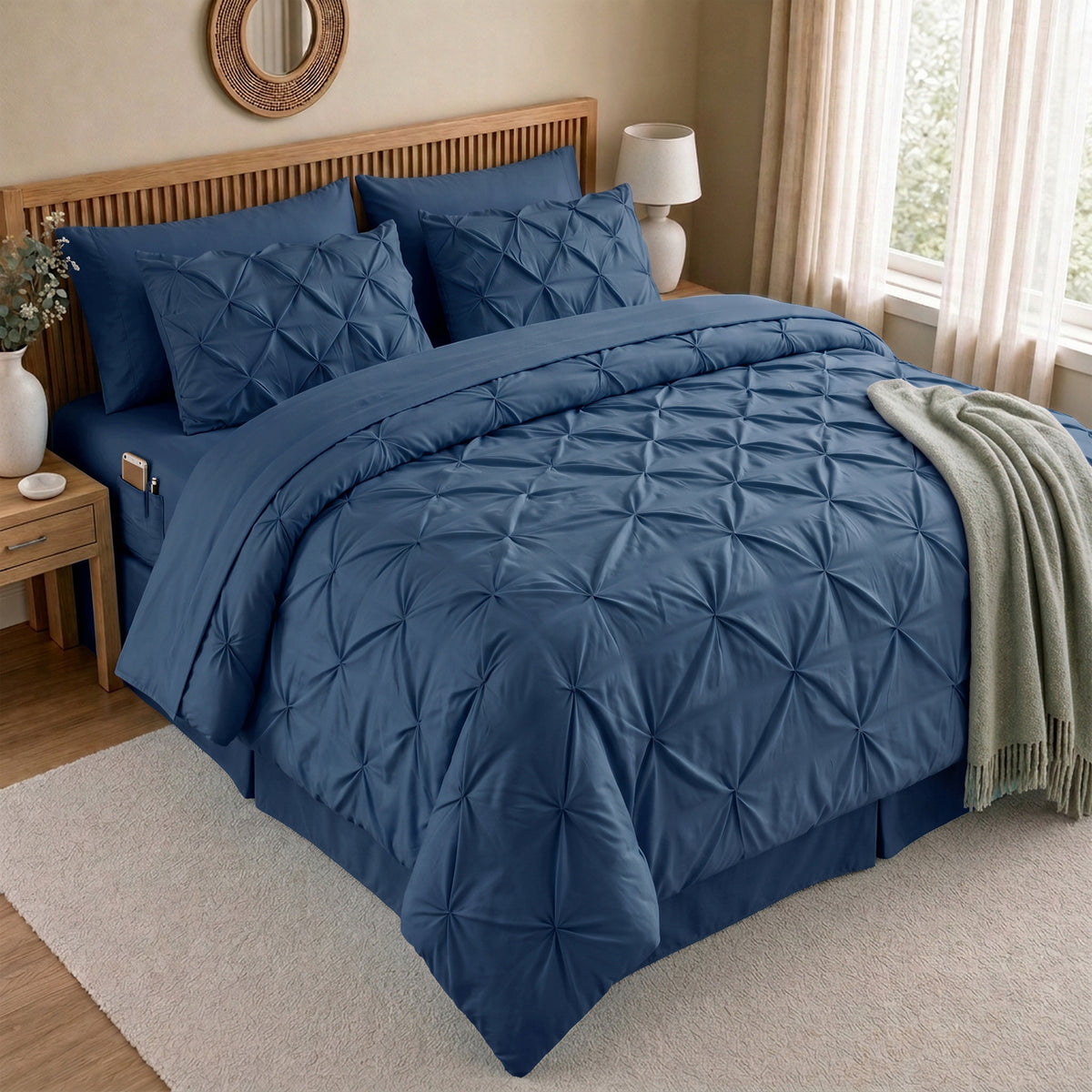 8-Piece Pintuck Pinch Pleated Comforter Set - Includes 4-Piece Sheet Set with Double Sided Storage Pockets