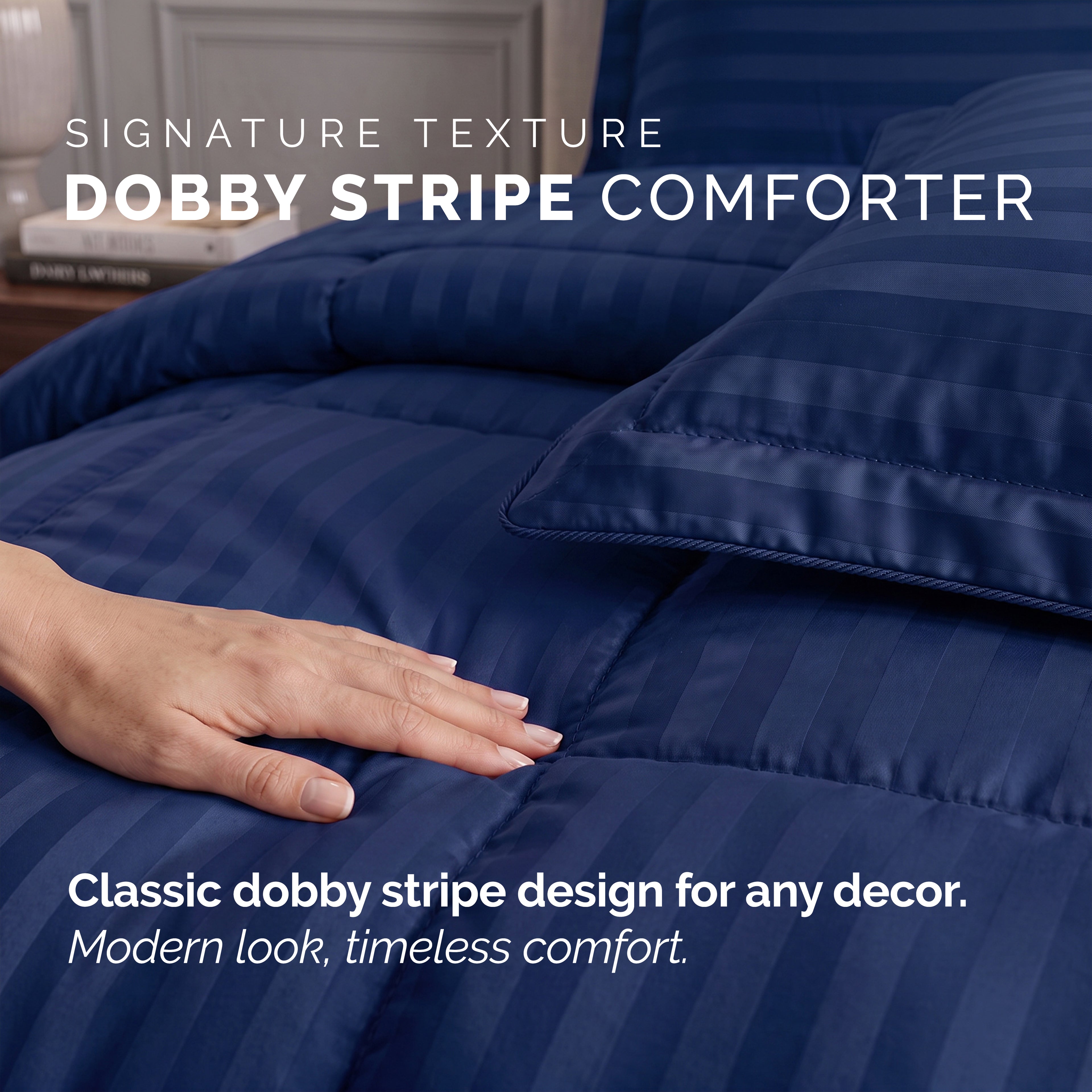 8-Piece Dobby Stripe Comforter Set - Includes 4-Piece Sheet Set with Double Sided Storage Pockets