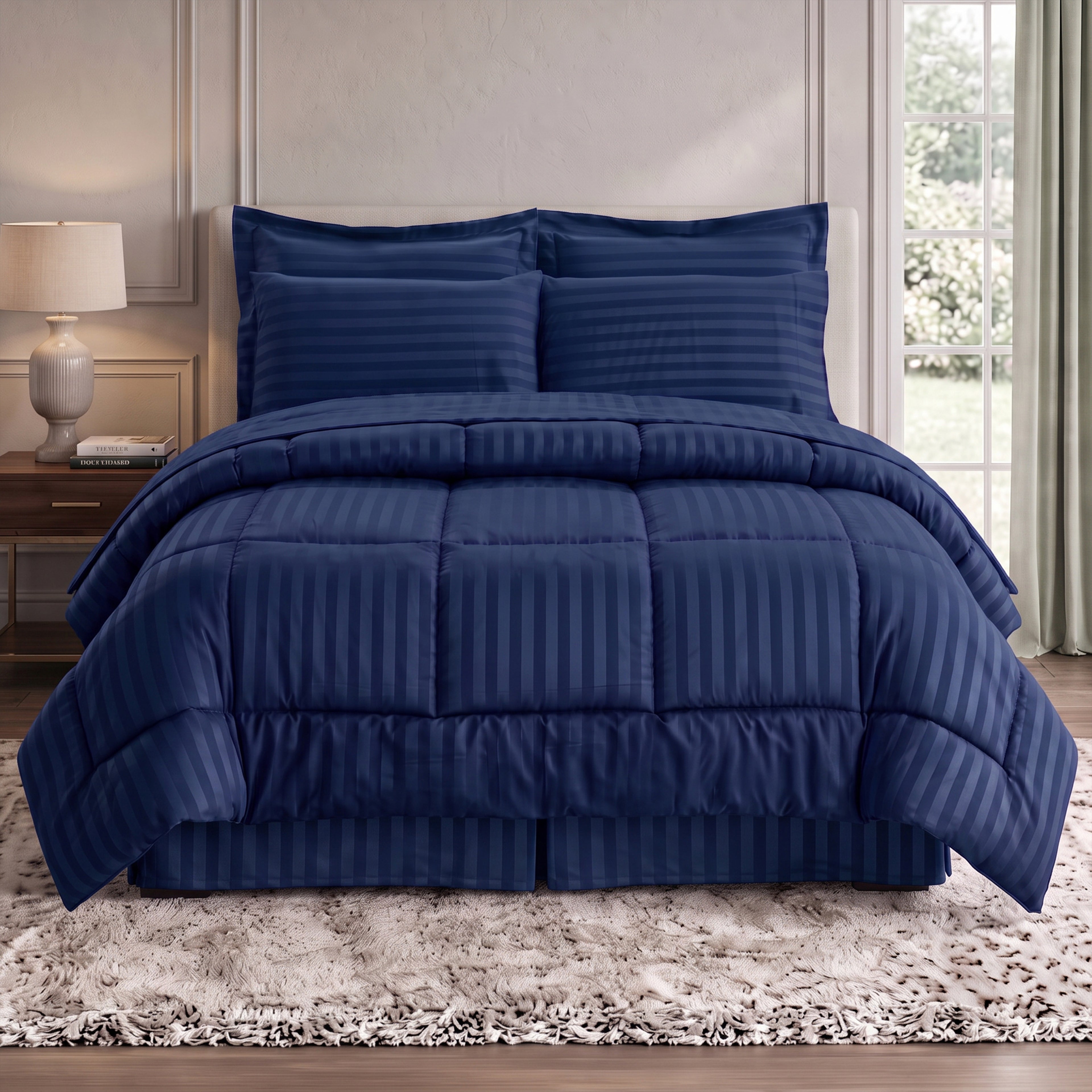 8-Piece Dobby Stripe Comforter Set - Includes 4-Piece Sheet Set with Double Sided Storage Pockets