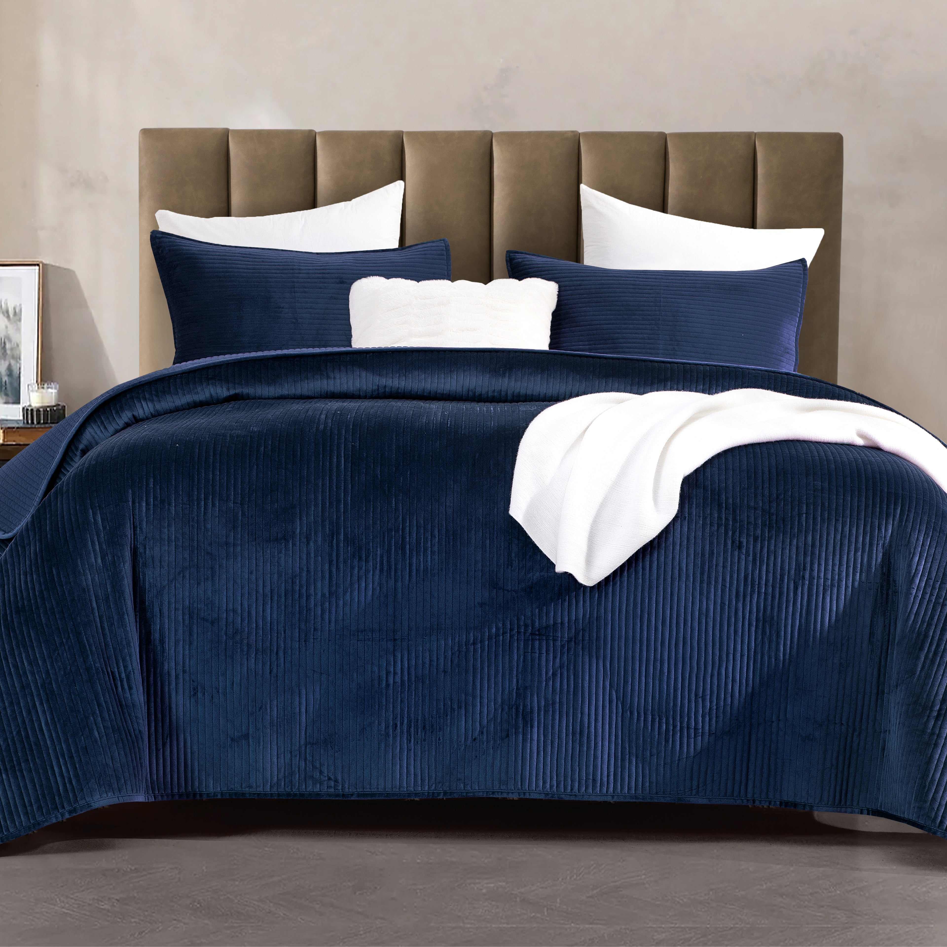 3-Piece Velvet Corduroy Stripe Quilted Bedspread Coverlet Set