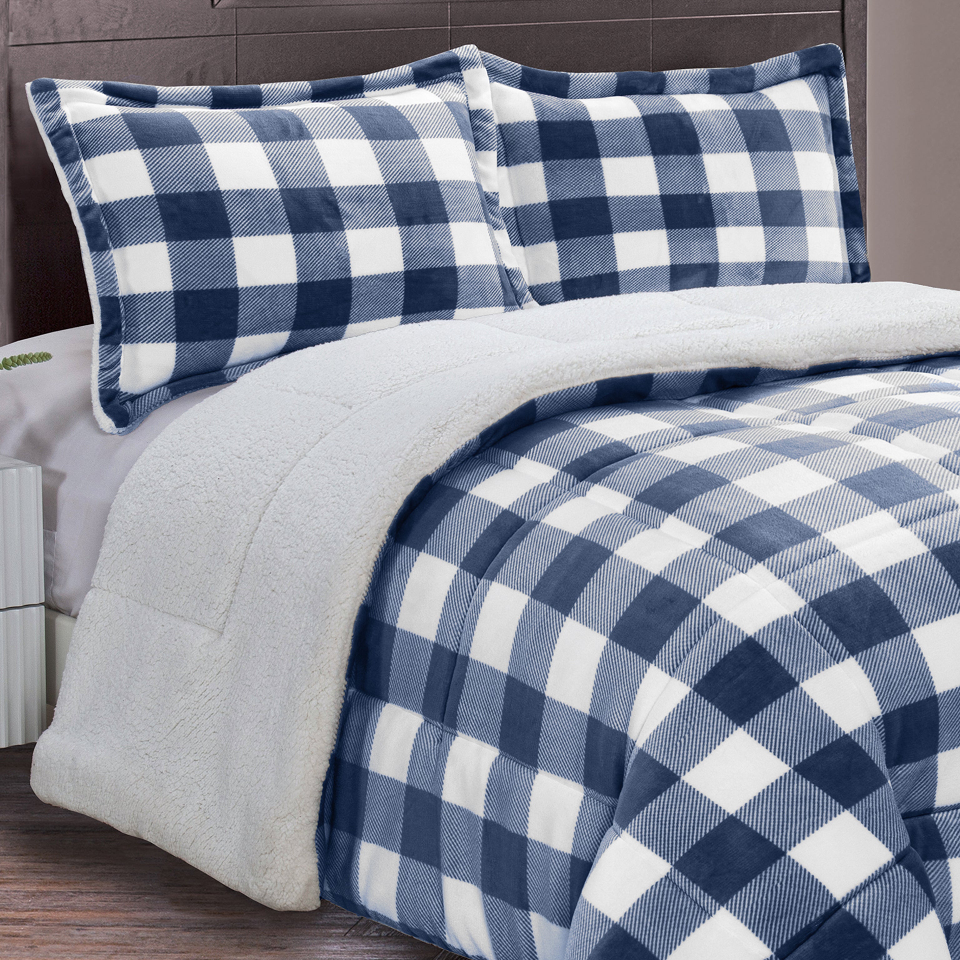 3-Piece Buffalo Micro-Suede Reversible Sherpa - Lodge-Plaid Pattern Comforter Set