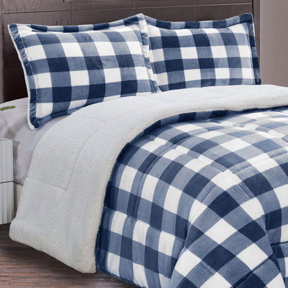 Elegant Comfort 3-Piece Buffalo Micro-Suede Reversible Sherpa - Lodge-Plaid Pattern Comforter Set