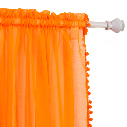 Elegant Comfort Set of 2 Pom Pom Tasseled Sheer Curtain - Rod Pocket