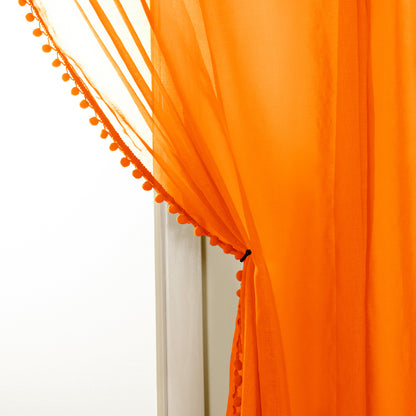Elegant Comfort Set of 2 Pom Pom Tasseled Sheer Curtain - Rod Pocket