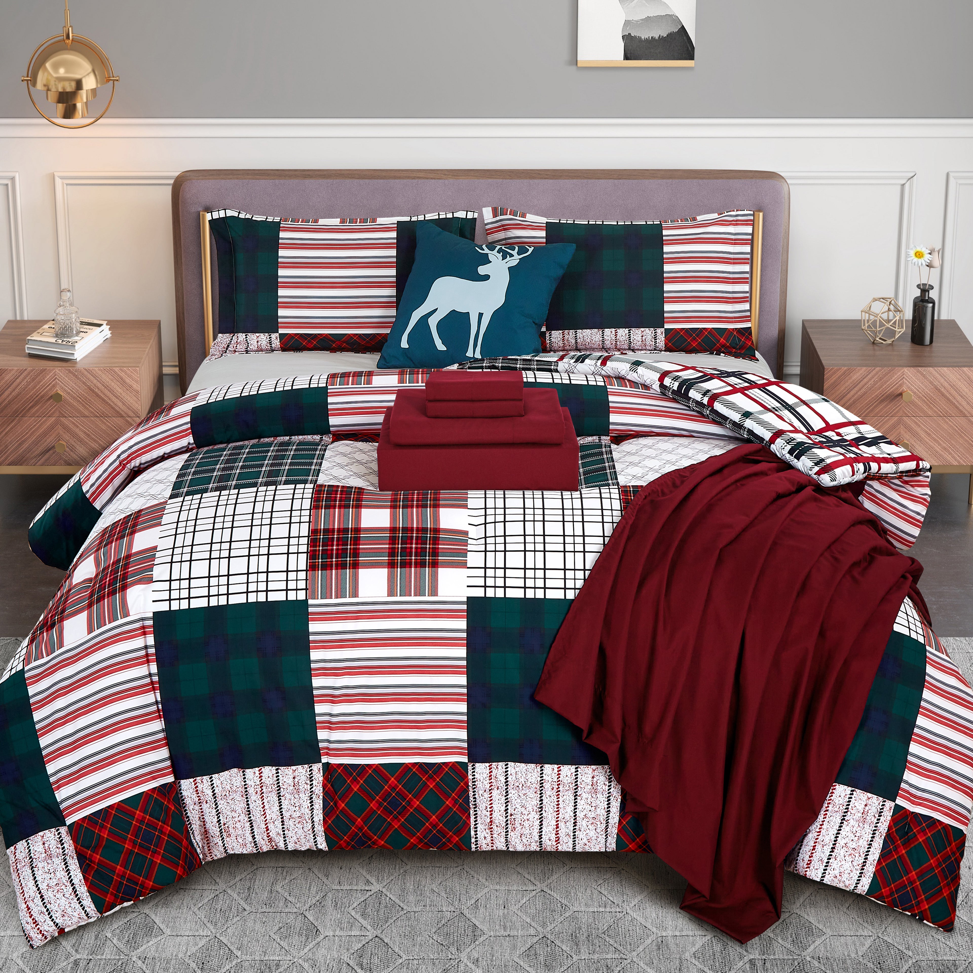 8-Piece Lodge Plaid and Patch Reversible Comforter Set - Includes 4-Piece Sheet Set with Double Sided Storage Pockets
