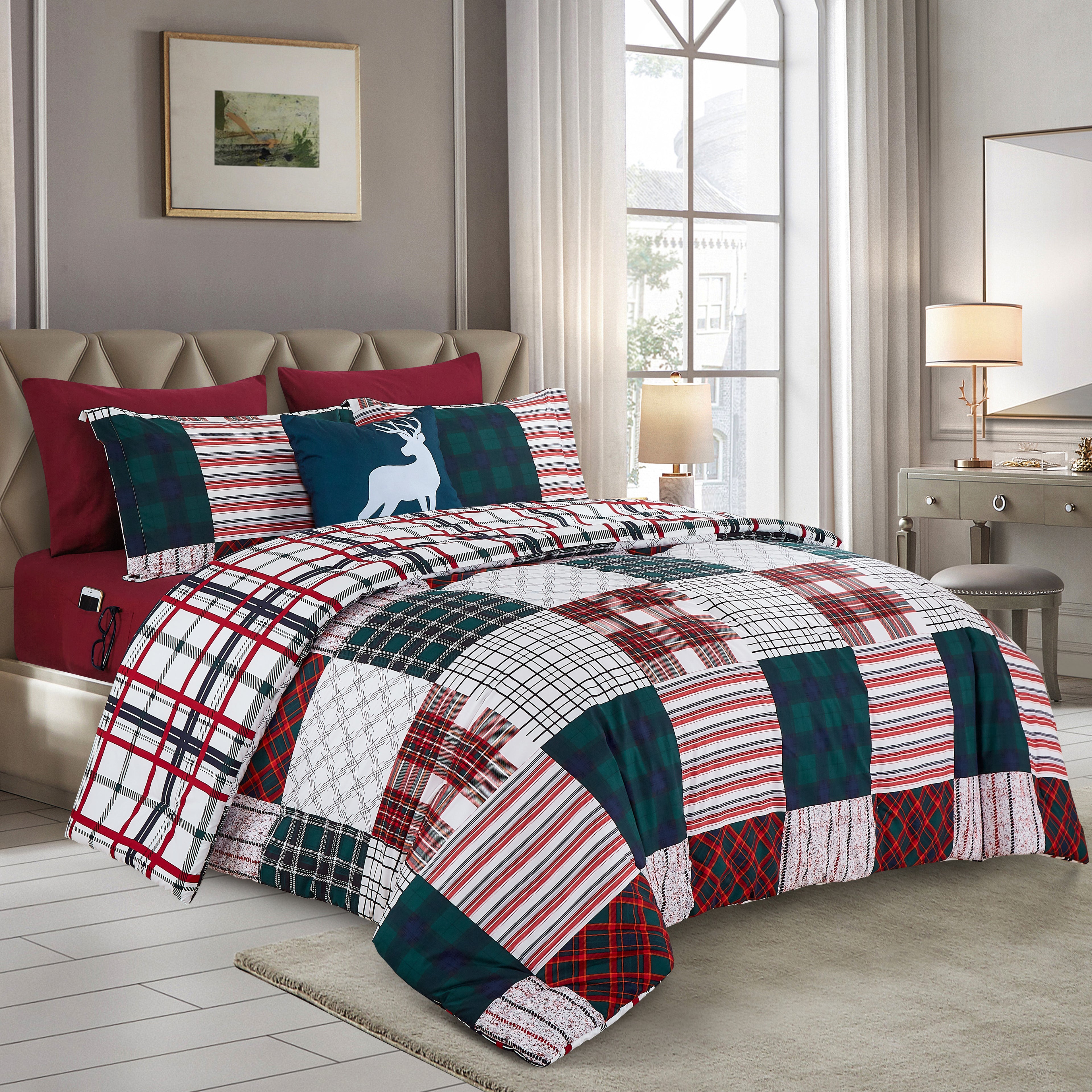 8-Piece Lodge Plaid and Patch Reversible Comforter Set - Includes 4-Piece Sheet Set with Double Sided Storage Pockets