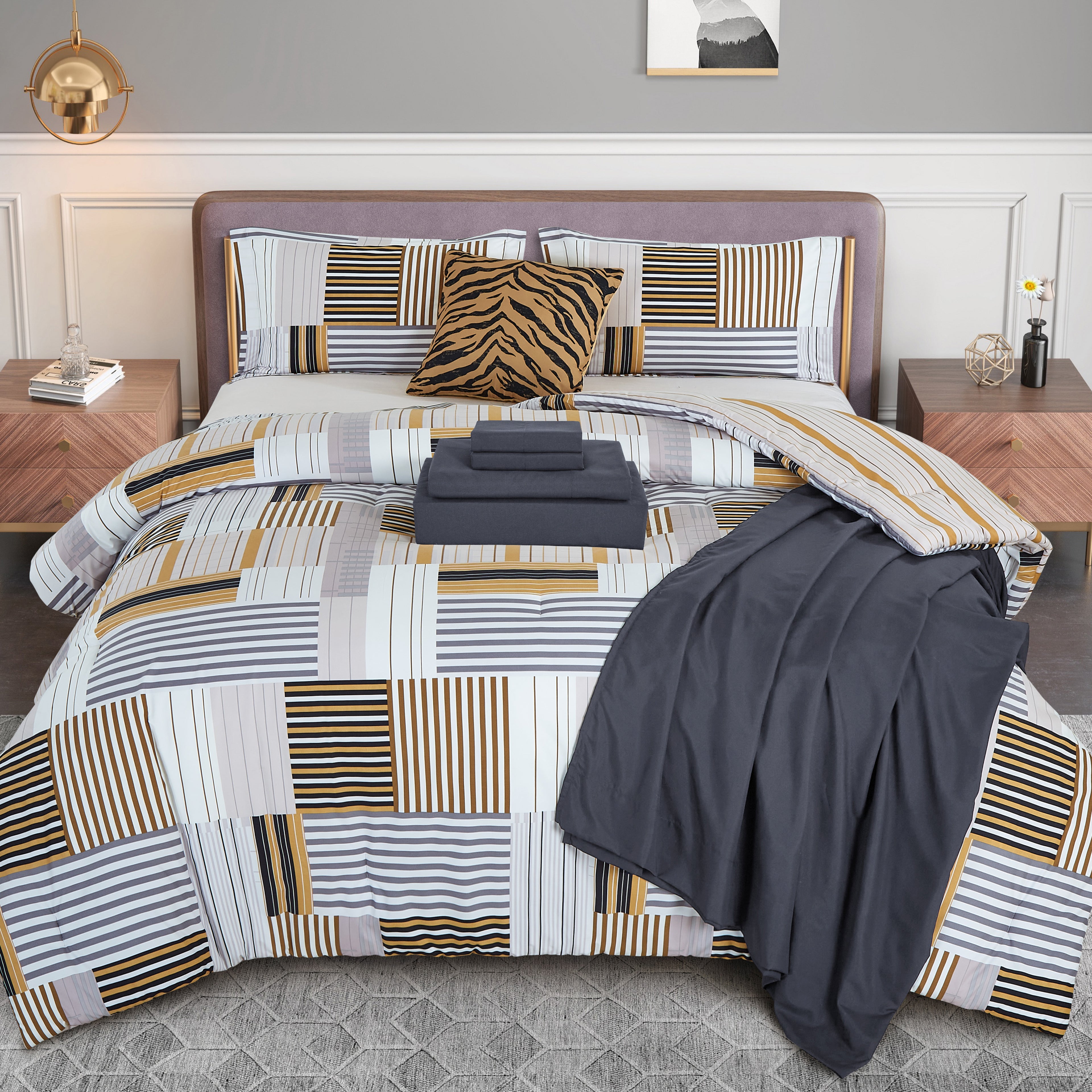 8-Piece Lodge Plaid and Patch Reversible Comforter Set - Includes 4-Piece Sheet Set with Double Sided Storage Pockets