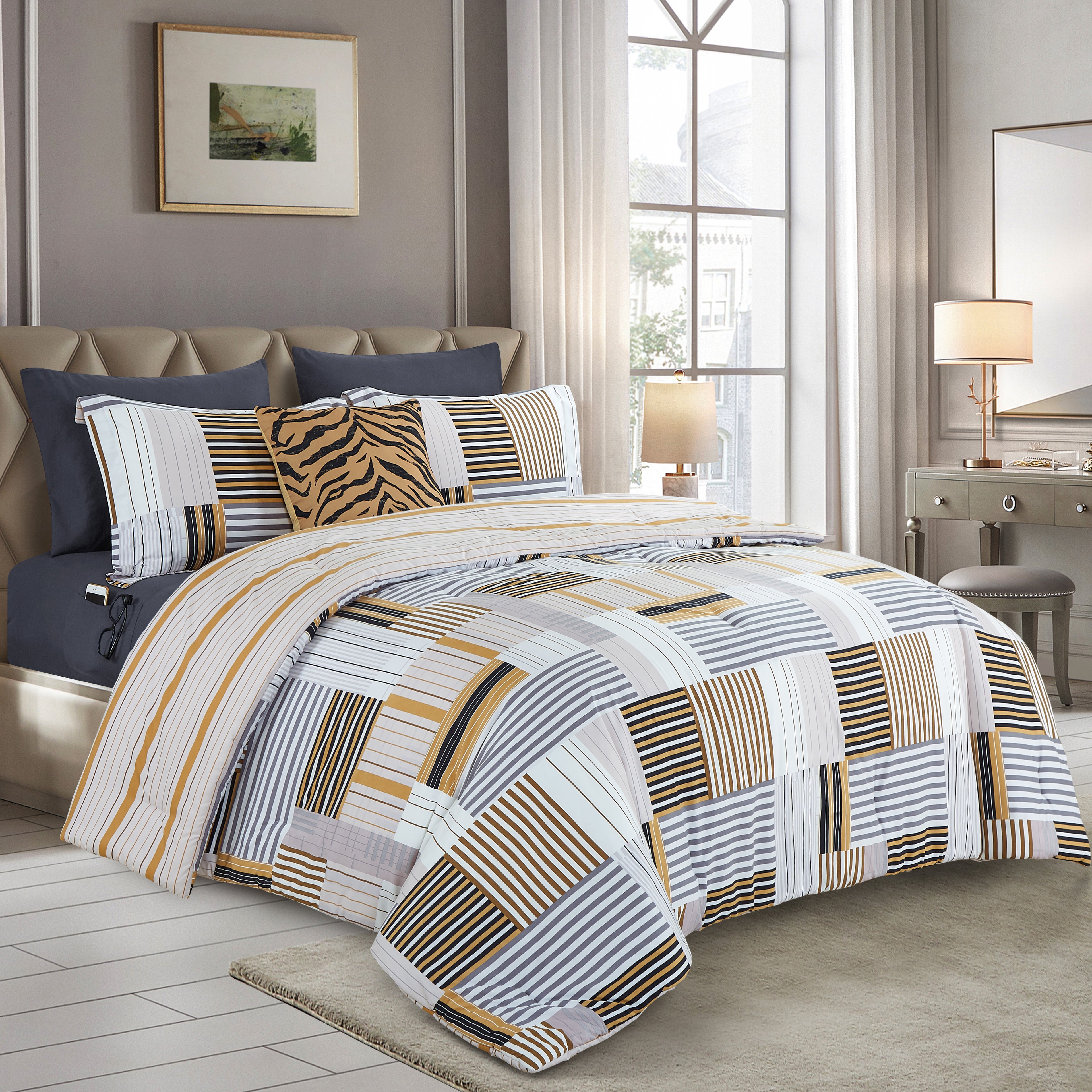 8-Piece Lodge Plaid and Patch Reversible Comforter Set - Includes 4-Piece Sheet Set with Double Sided Storage Pockets