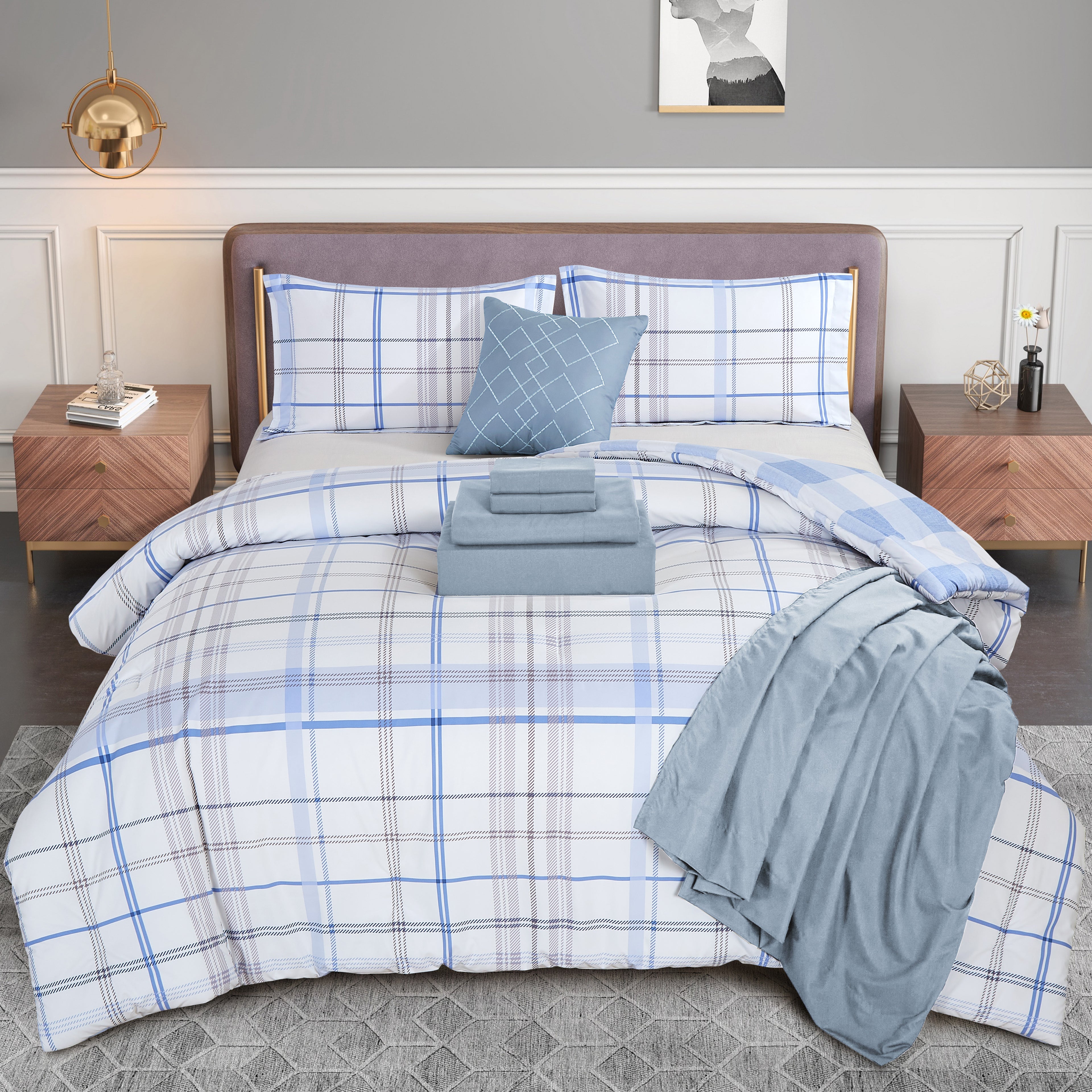 8-Piece Lodge Plaid and Patch Reversible Comforter Set - Includes 4-Piece Sheet Set with Double Sided Storage Pockets