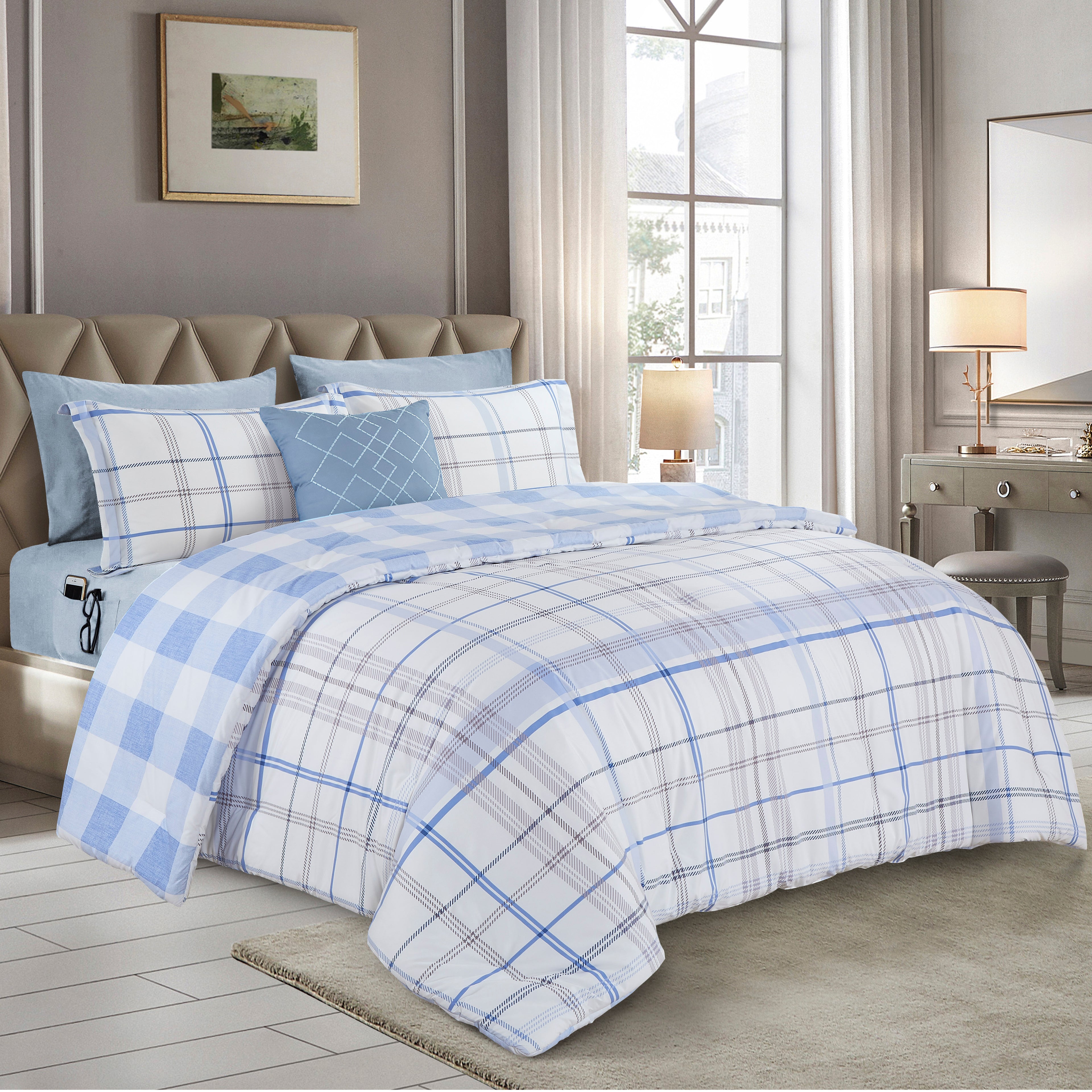 8-Piece Lodge Plaid and Patch Reversible Comforter Set - Includes 4-Piece Sheet Set with Double Sided Storage Pockets