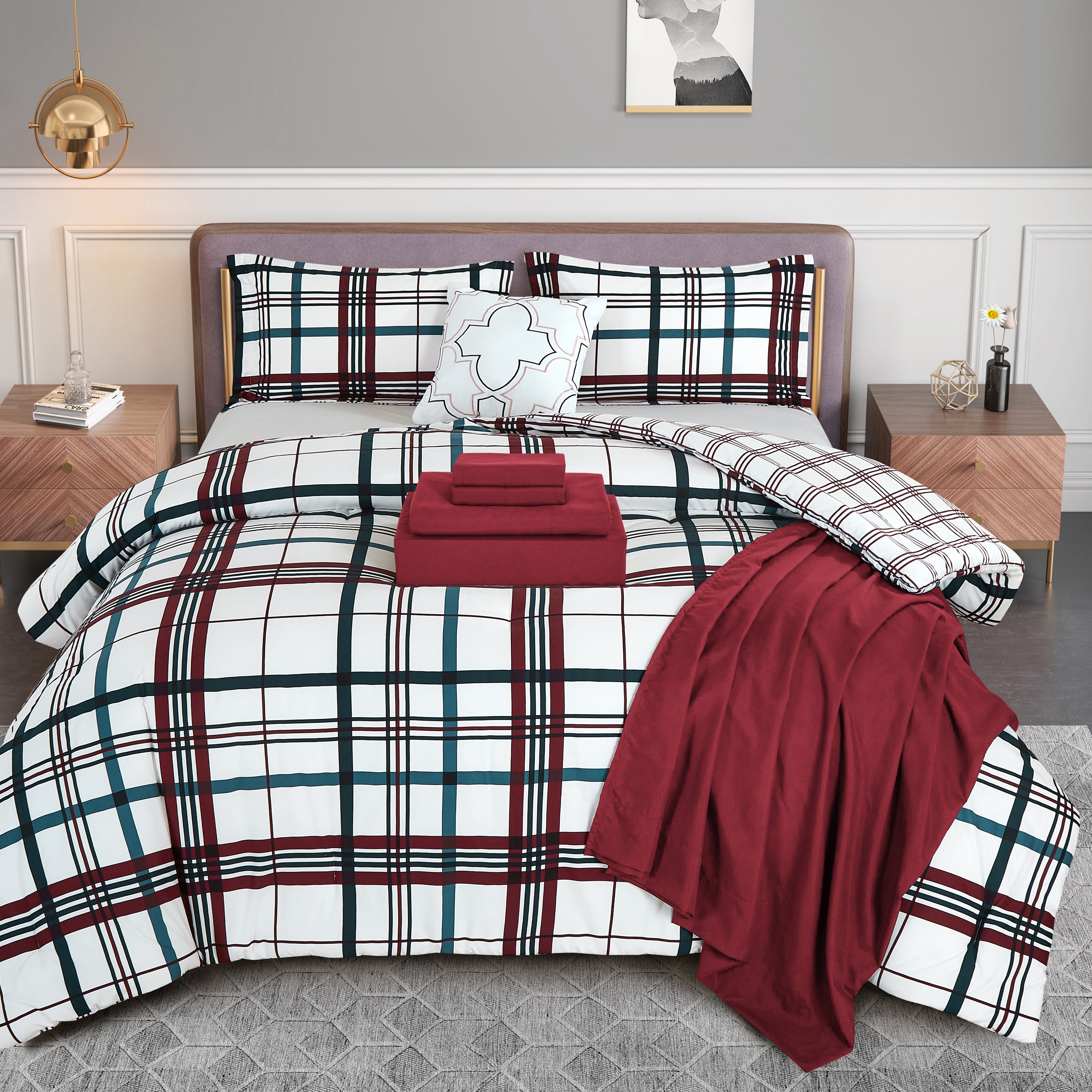 8-Piece Lodge Plaid and Patch Reversible Comforter Set - Includes 4-Piece Sheet Set with Double Sided Storage Pockets
