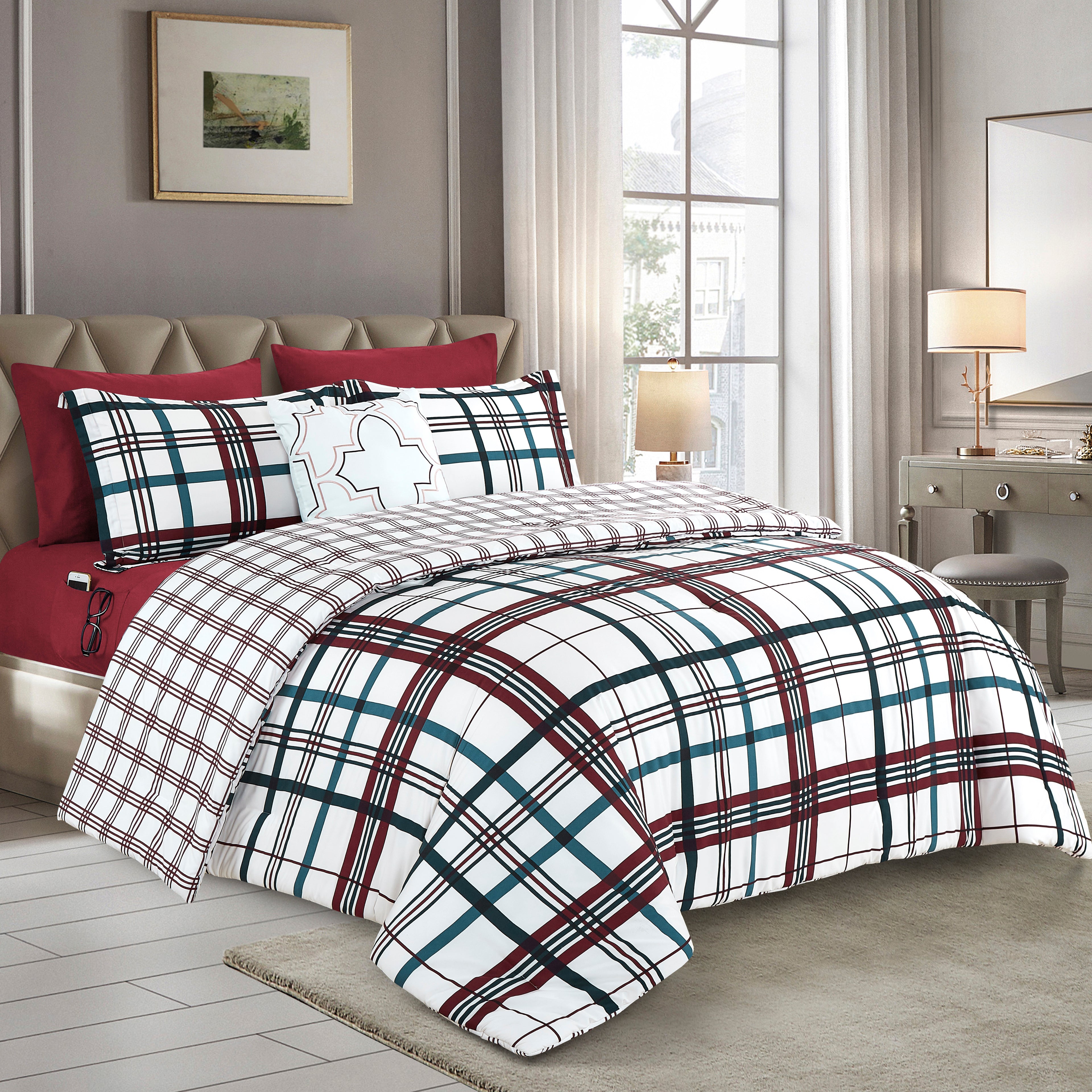 8-Piece Lodge Plaid and Patch Reversible Comforter Set - Includes 4-Piece Sheet Set with Double Sided Storage Pockets