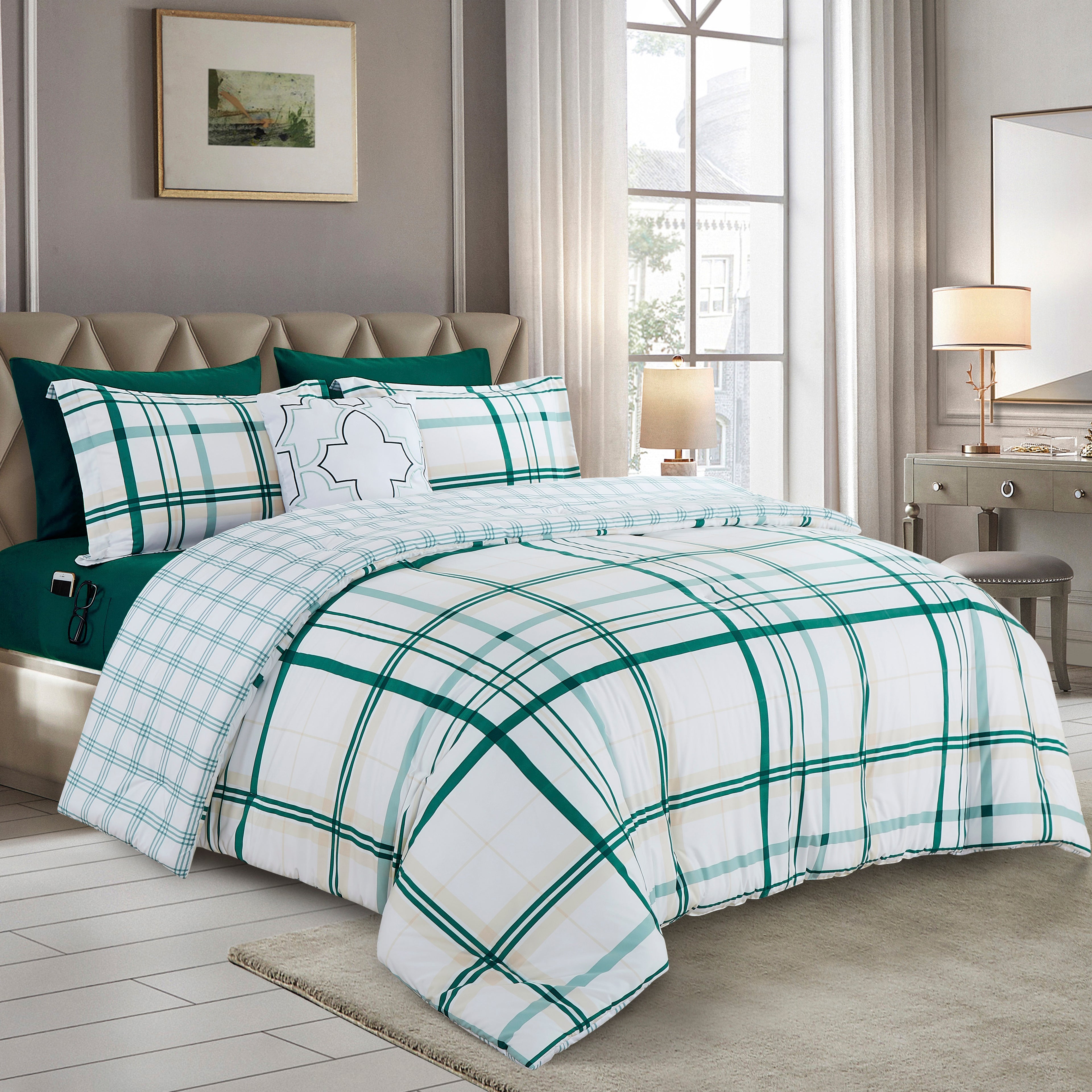 8-Piece Lodge Plaid and Patch Reversible Comforter Set - Includes 4-Piece Sheet Set with Double Sided Storage Pockets