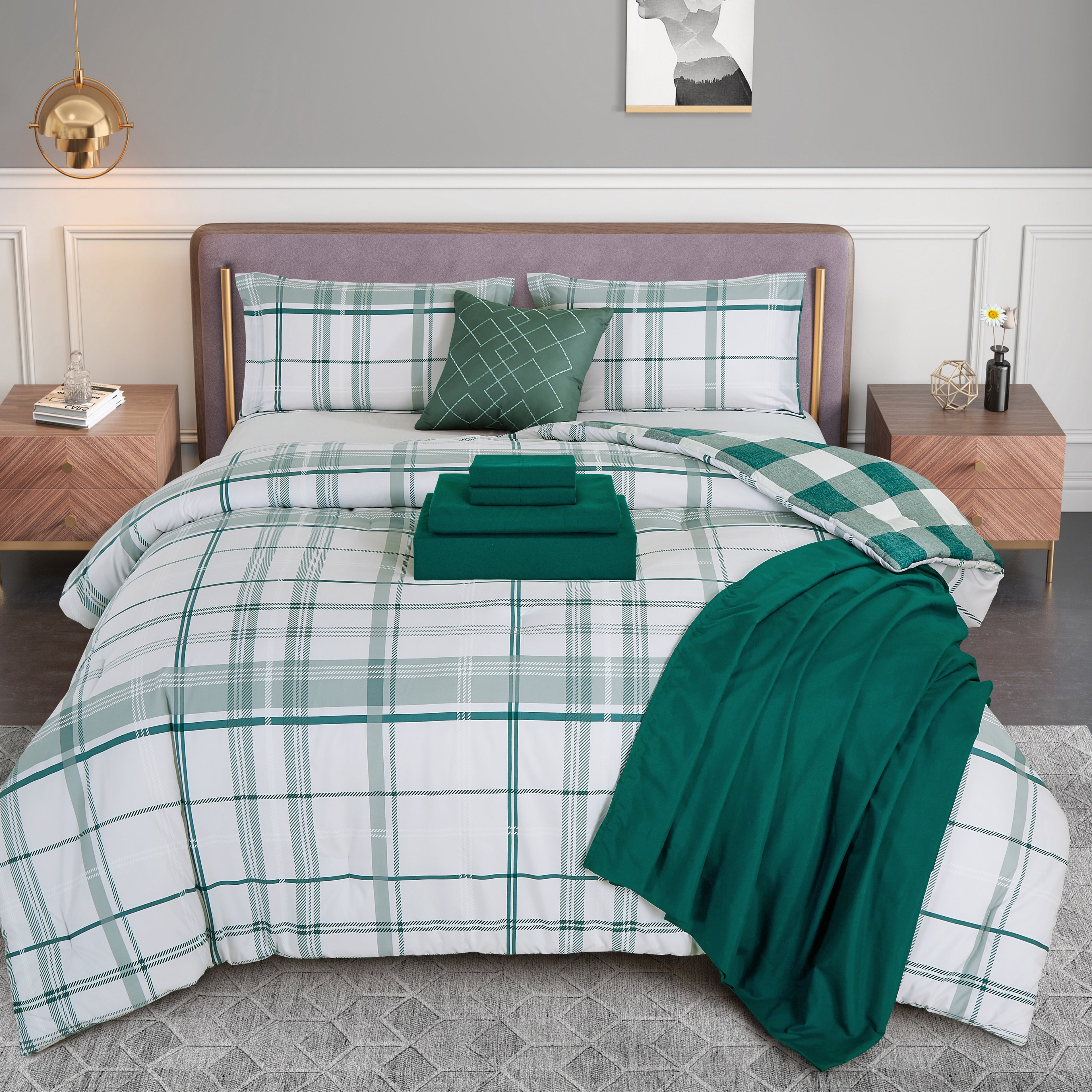 8-Piece Lodge Plaid and Patch Reversible Comforter Set - Includes 4-Piece Sheet Set with Double Sided Storage Pockets