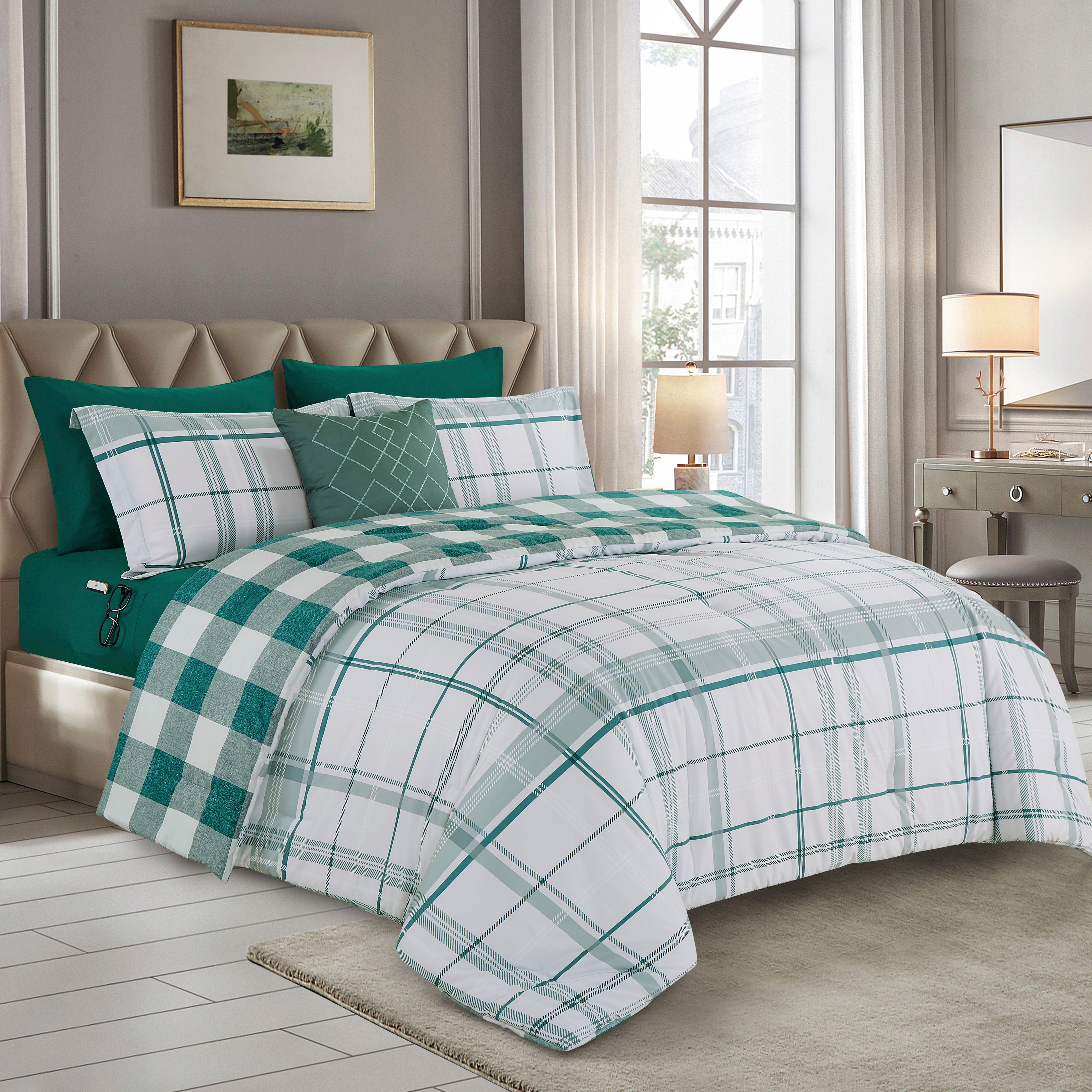 8-Piece Lodge Plaid and Patch Reversible Comforter Set - Includes 4-Piece Sheet Set with Double Sided Storage Pockets