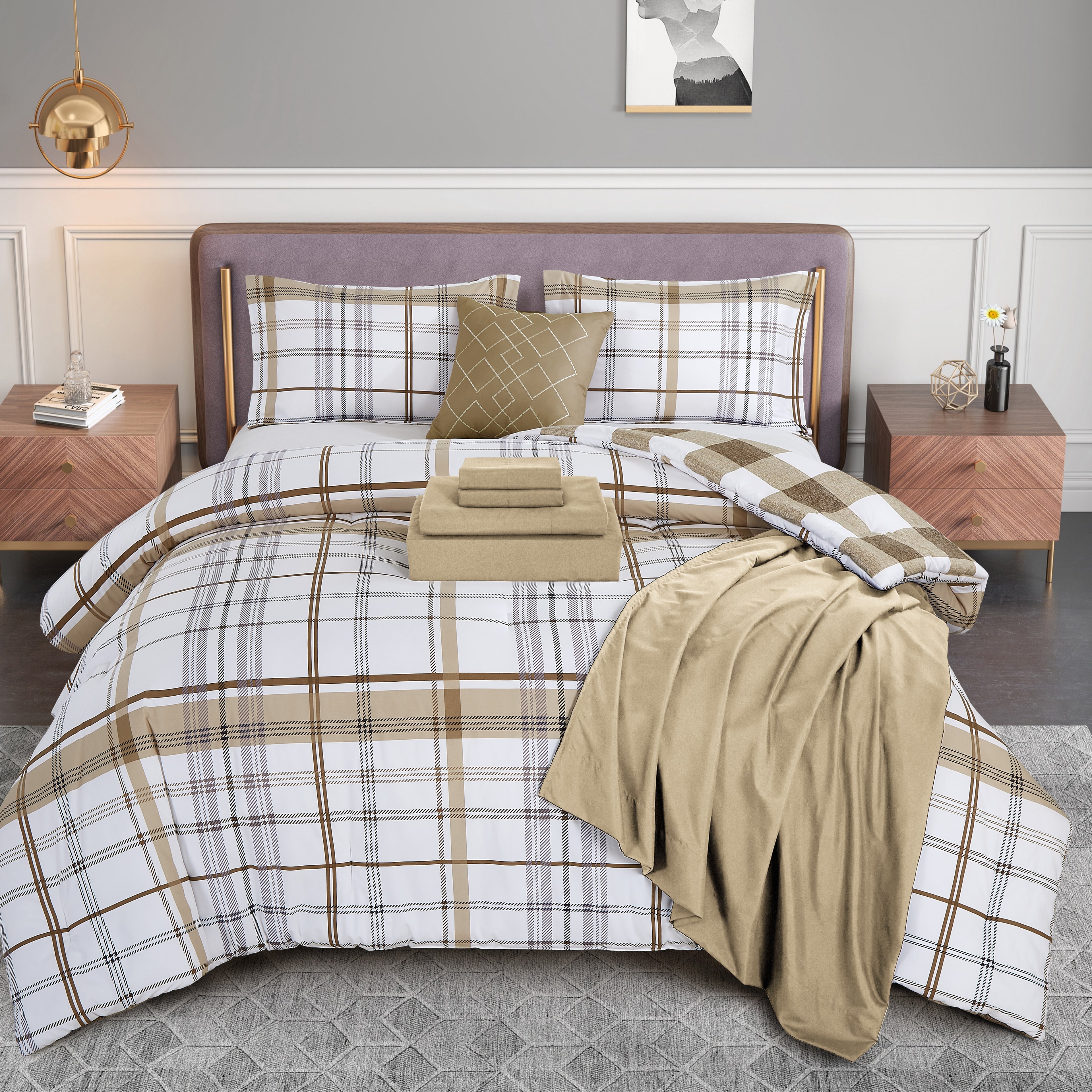 8-Piece Lodge Plaid and Patch Reversible Comforter Set - Includes 4-Piece Sheet Set with Double Sided Storage Pockets