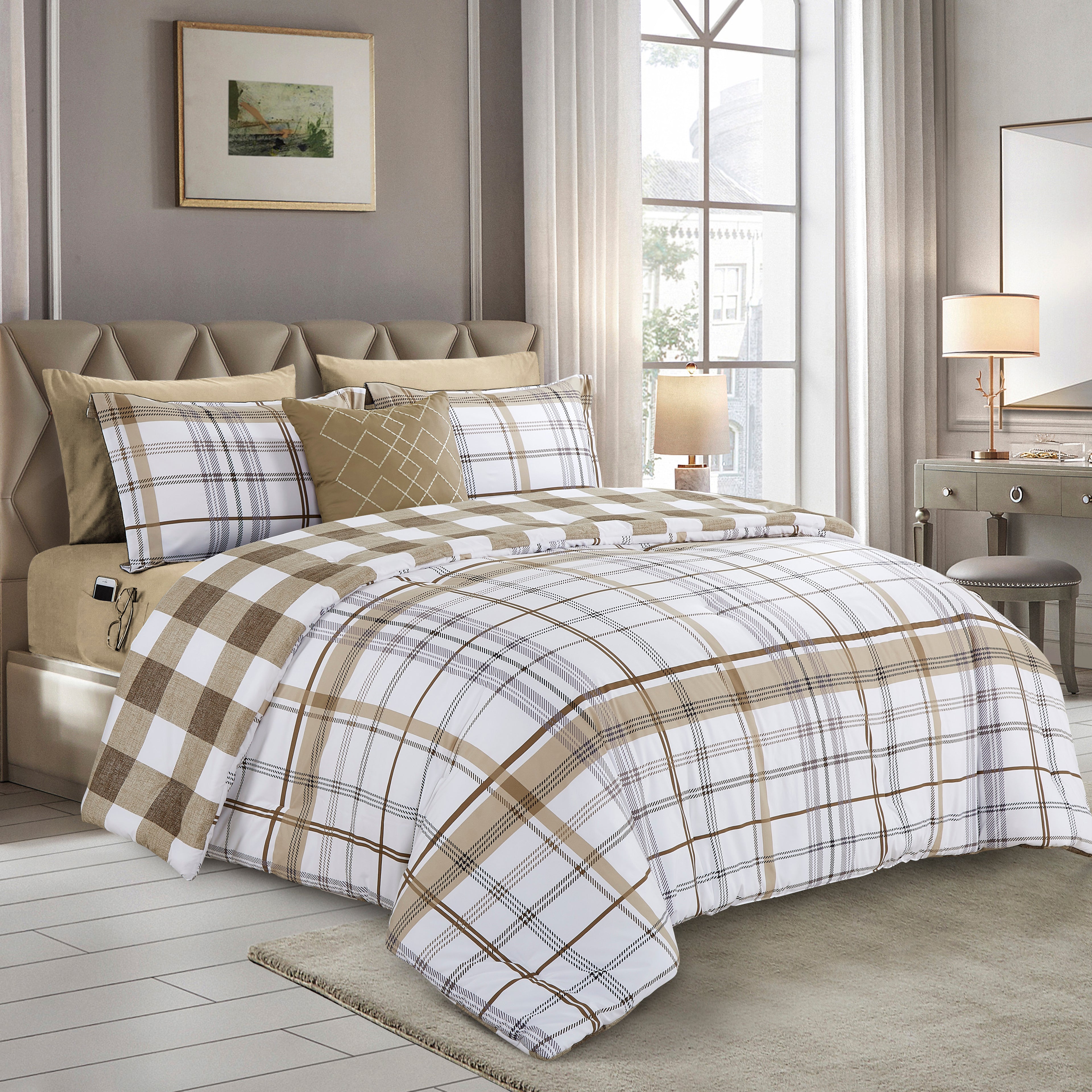 8-Piece Lodge Plaid and Patch Reversible Comforter Set - Includes 4-Piece Sheet Set with Double Sided Storage Pockets