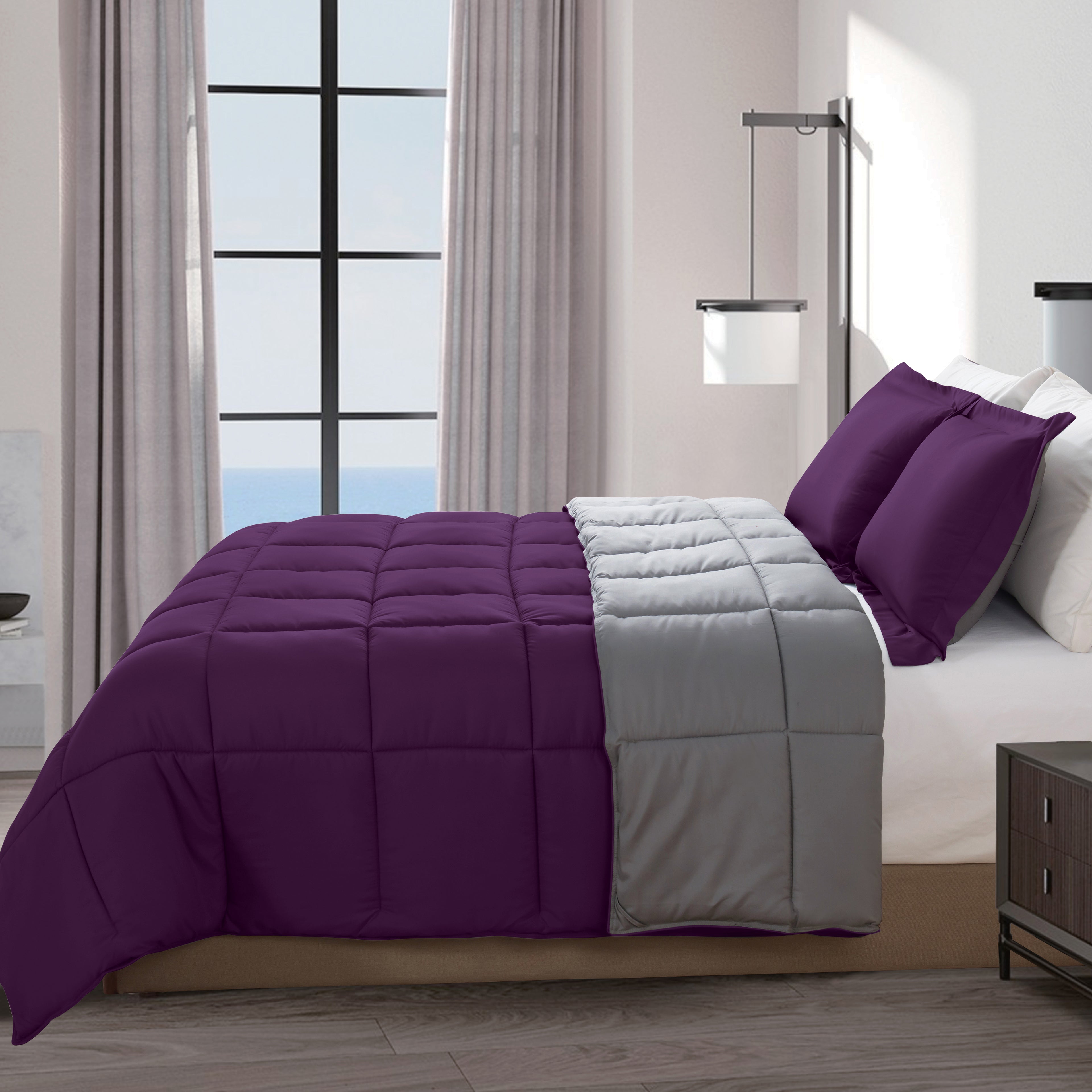 Reversible 3-Piece Box Stitched Comforter & Shams - Duvet Insert with 4 Corner Tabs