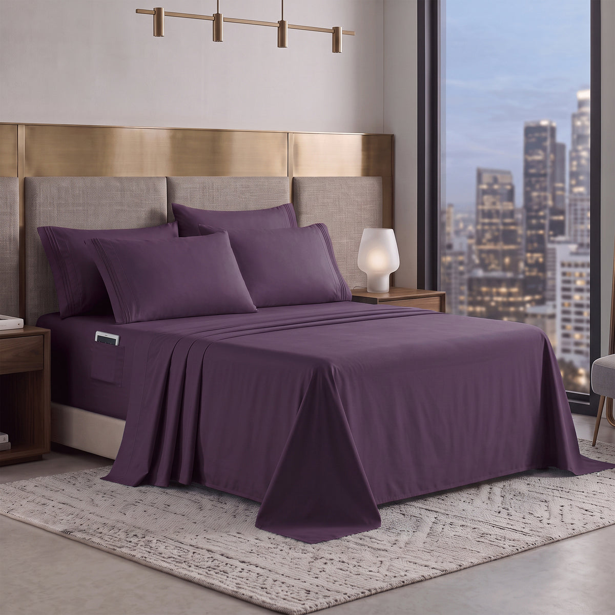Extra deep 18-24 Inch Pocket 3 Line Embroidery, 6-Piece Sheet Set, Moody Shades