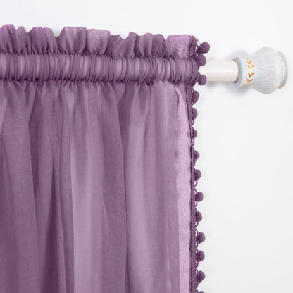 Elegant Comfort Set of 2 Pom Pom Tasseled Sheer Curtain - Rod Pocket