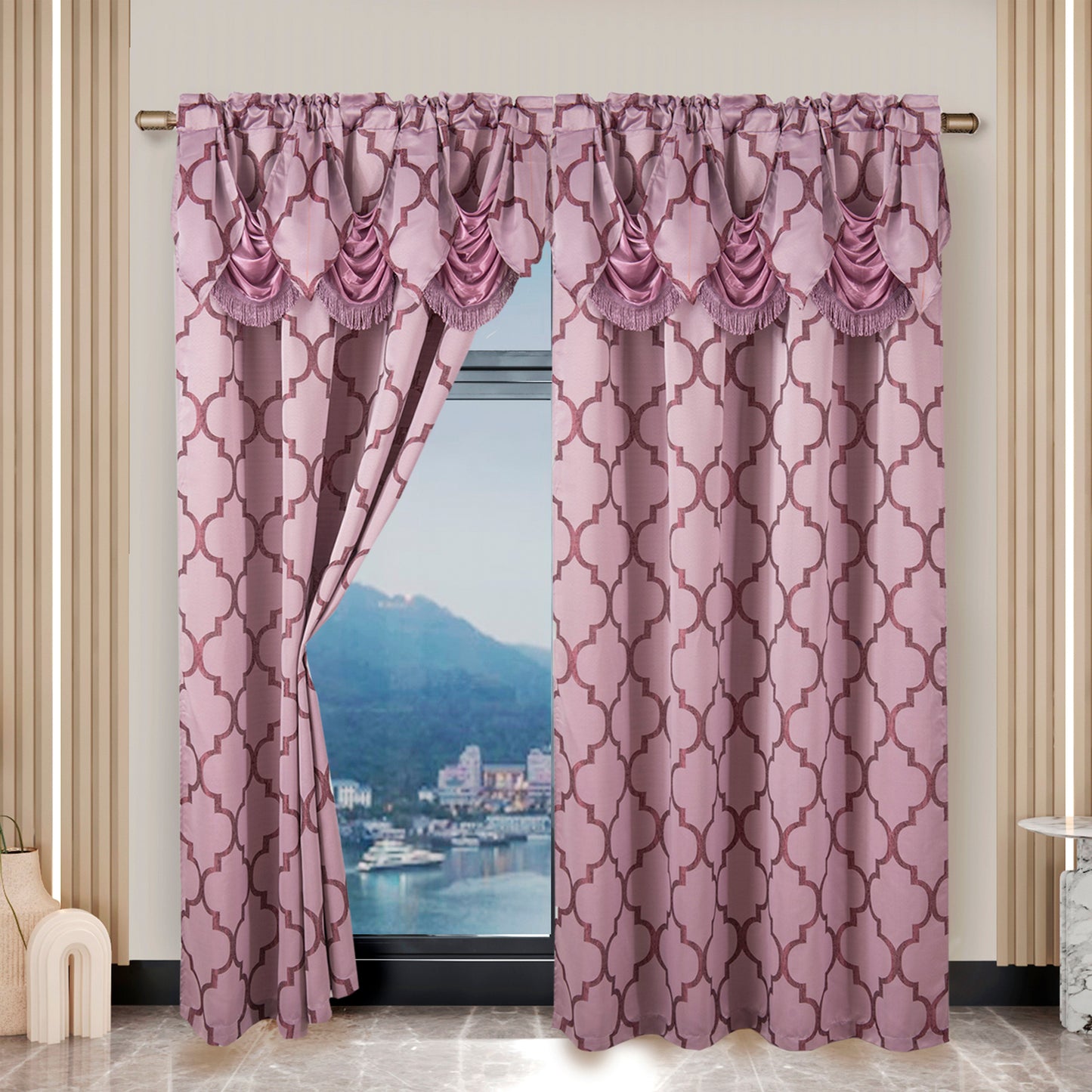 Elegant Comfort 2-Piece Quatrefoil - Moroccan Trellis Jacquard Look Curtain Panels- Attached Valance - 54" W x 84" L, Set of 2