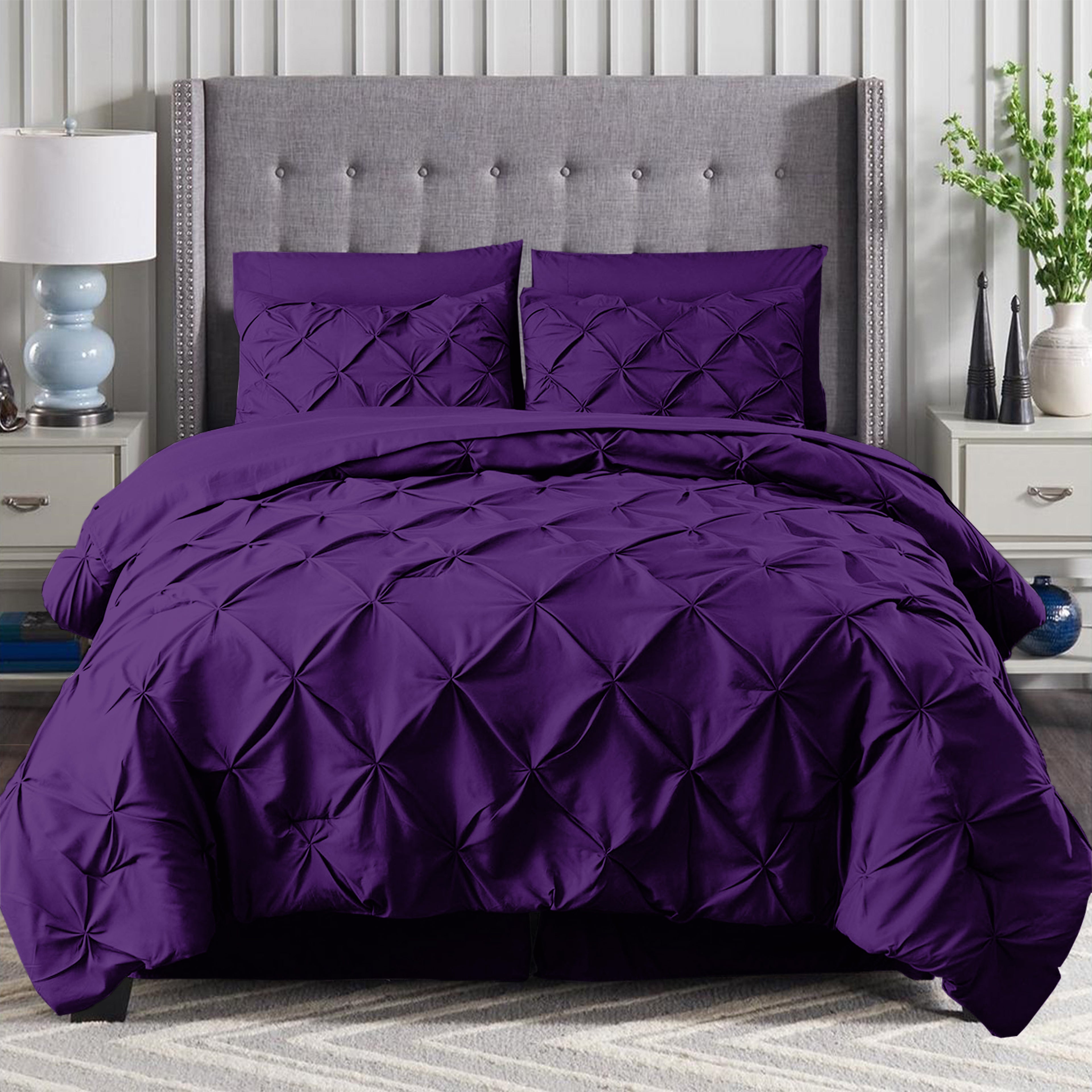 8-Piece Pintuck Pinch Pleated Comforter Set - Includes 4-Piece Sheet Set with Double Sided Storage Pockets
