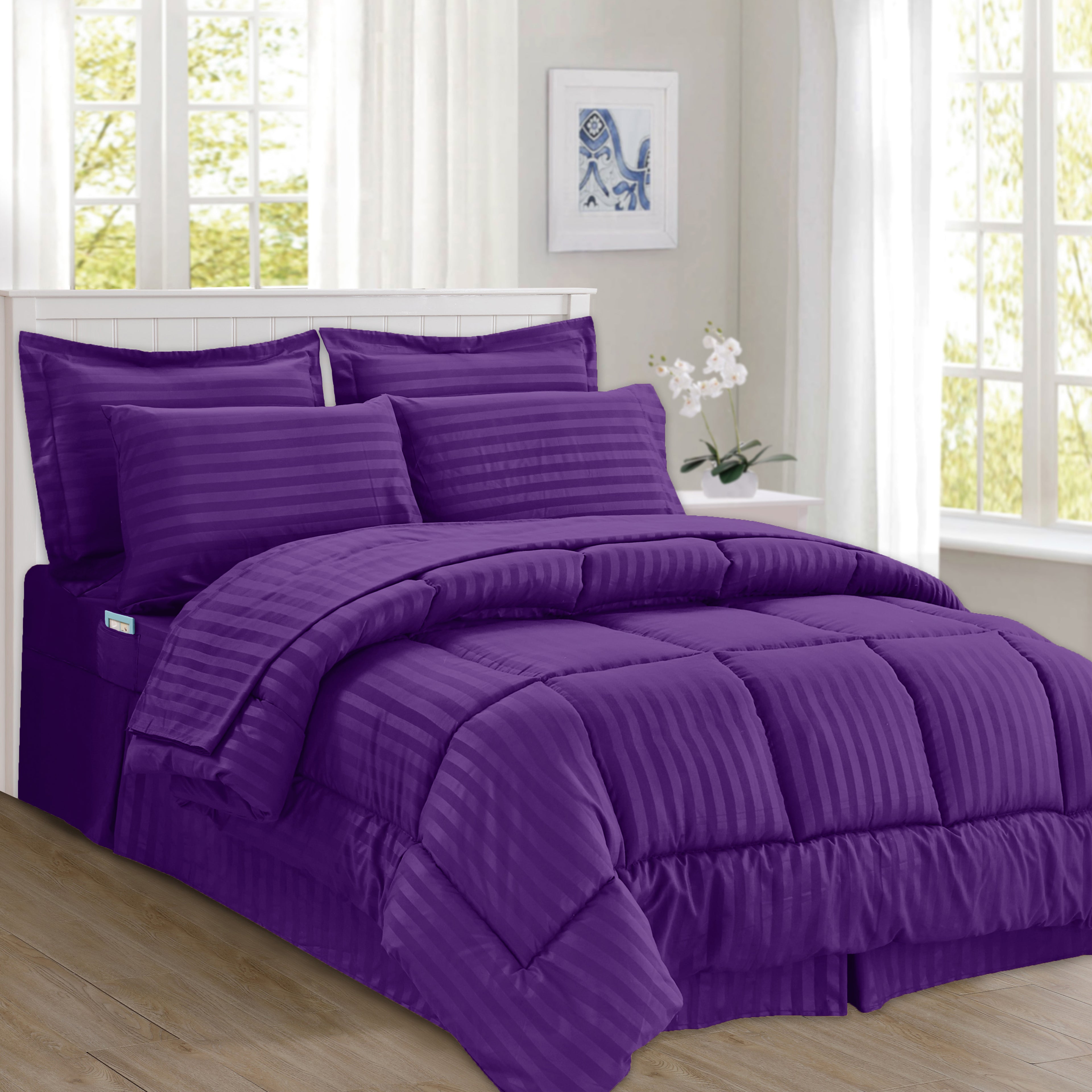 8-Piece Dobby Stripe Comforter Set - Includes 4-Piece Sheet Set with Double Sided Storage Pockets