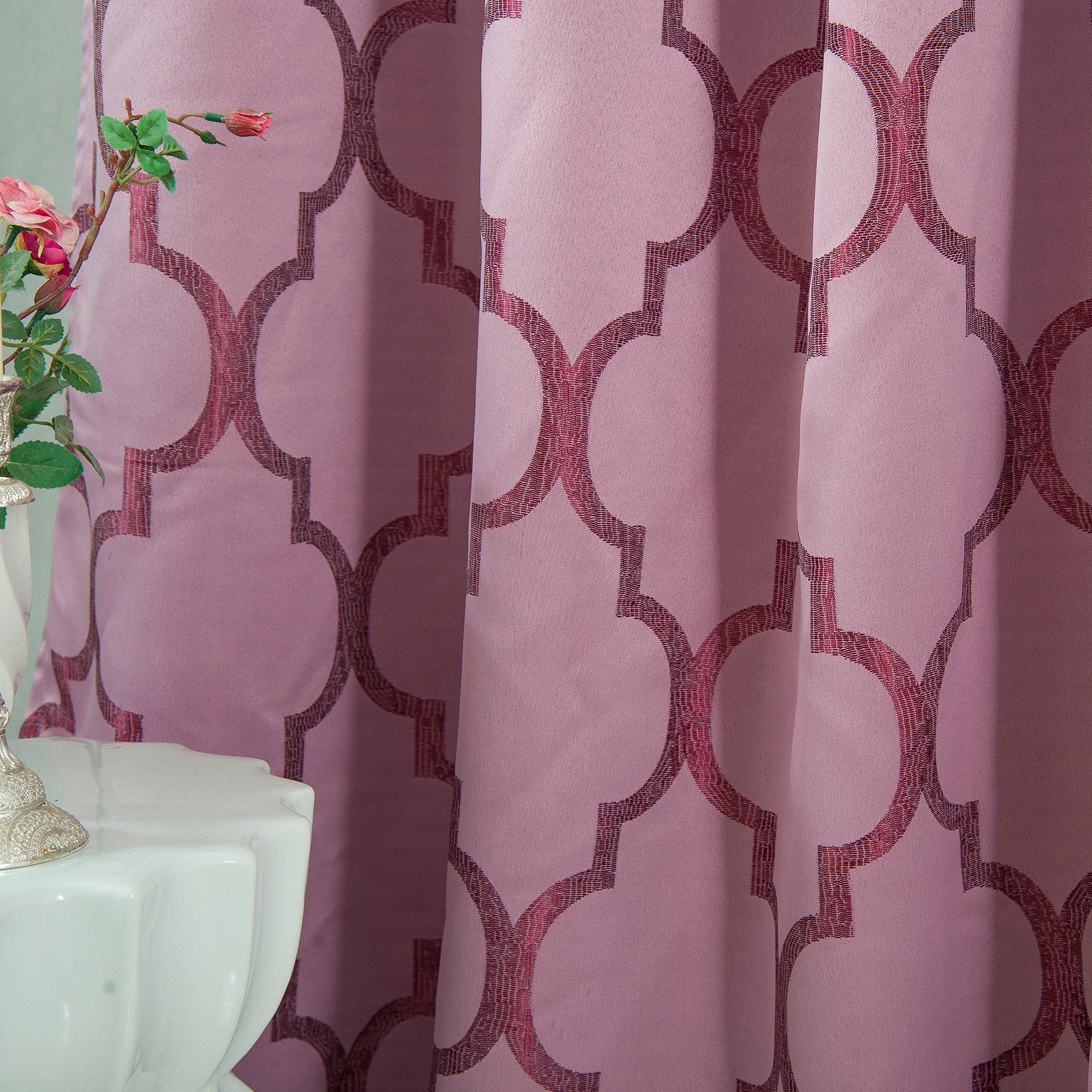 2-Piece Quatrefoil - Moroccan Trellis Jacquard Look Curtain Panels- Attached Valance - 54" W x 84" L, Set of 2