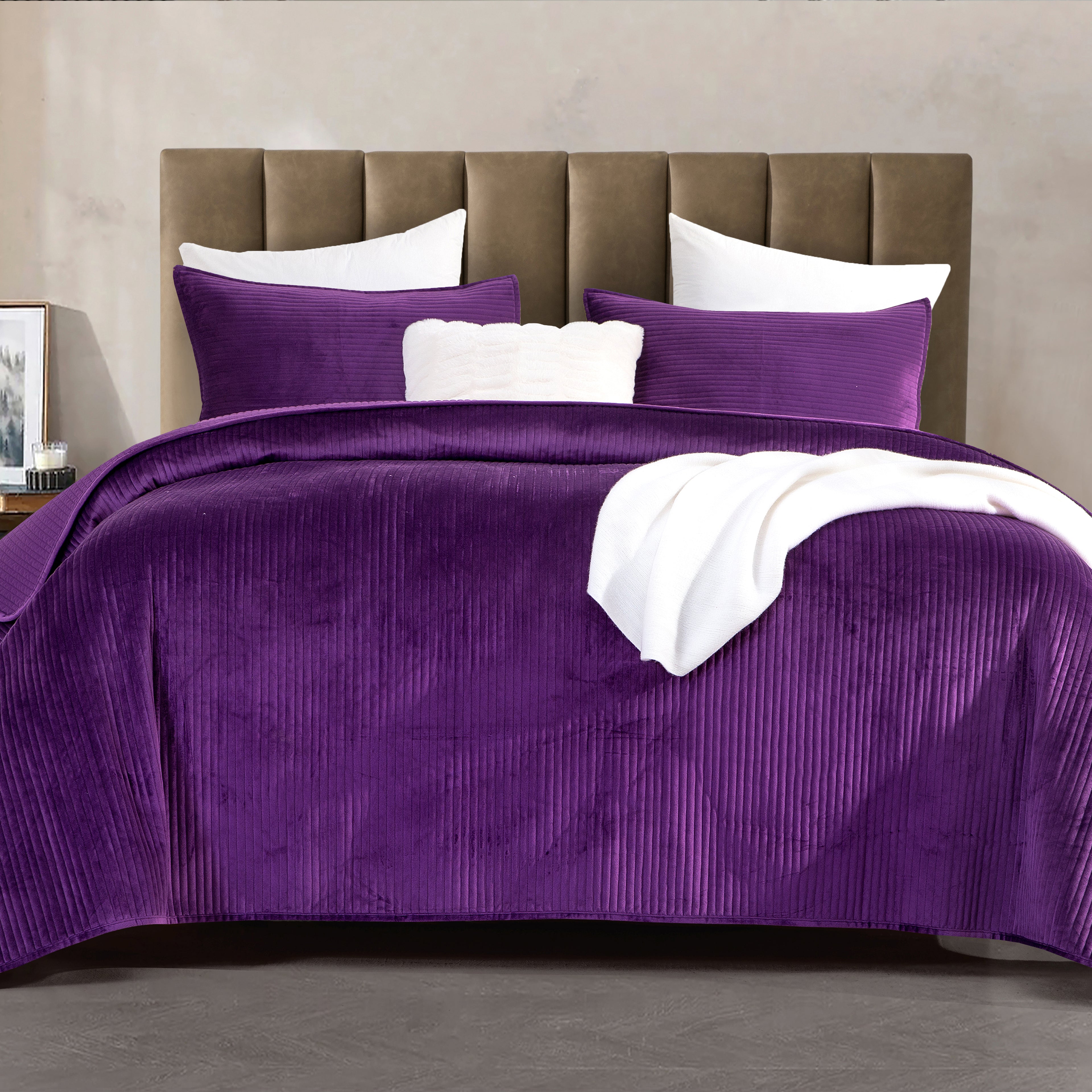 3-Piece Velvet Corduroy Stripe Quilted Bedspread Coverlet Set
