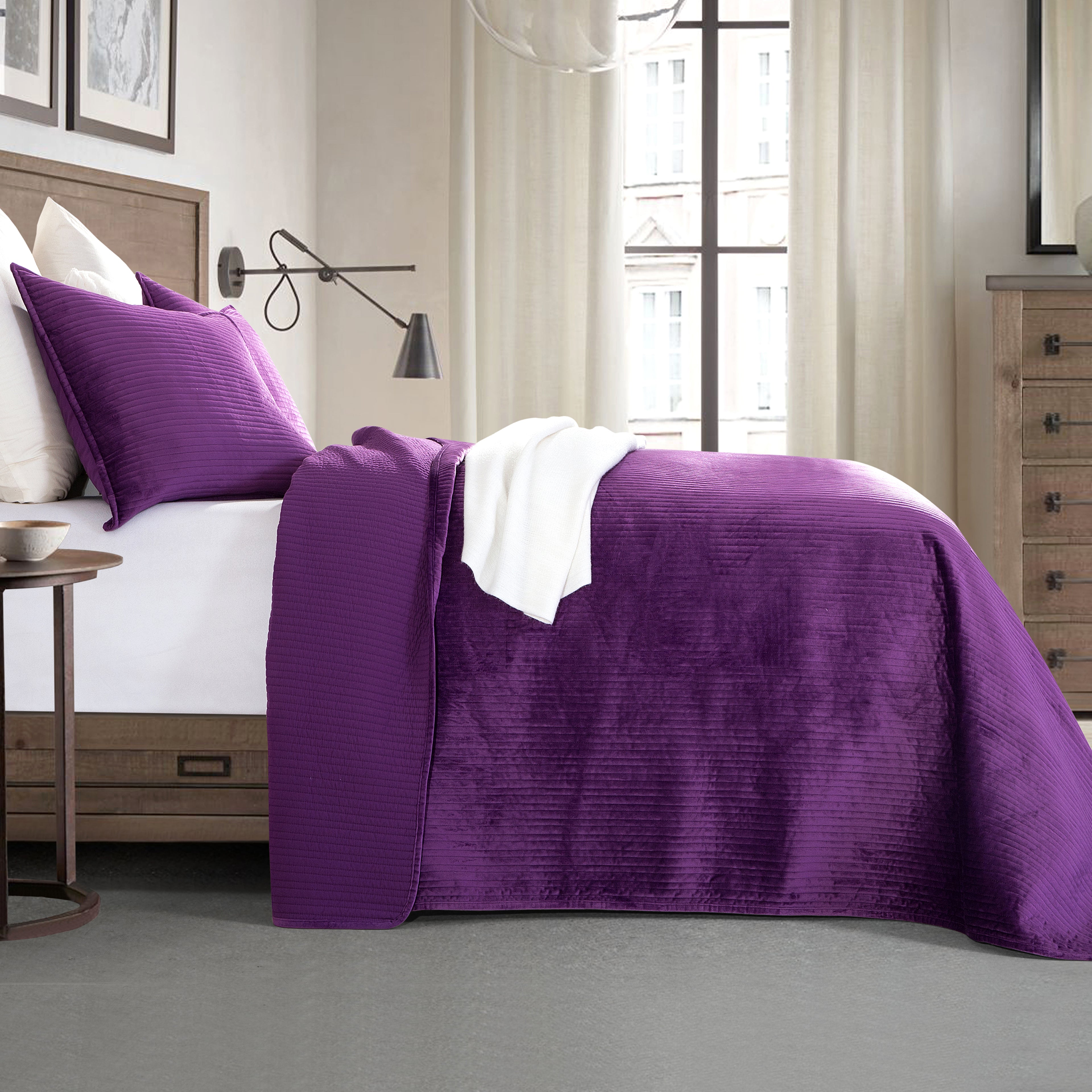 3-Piece Velvet Corduroy Stripe Quilted Bedspread Coverlet Set