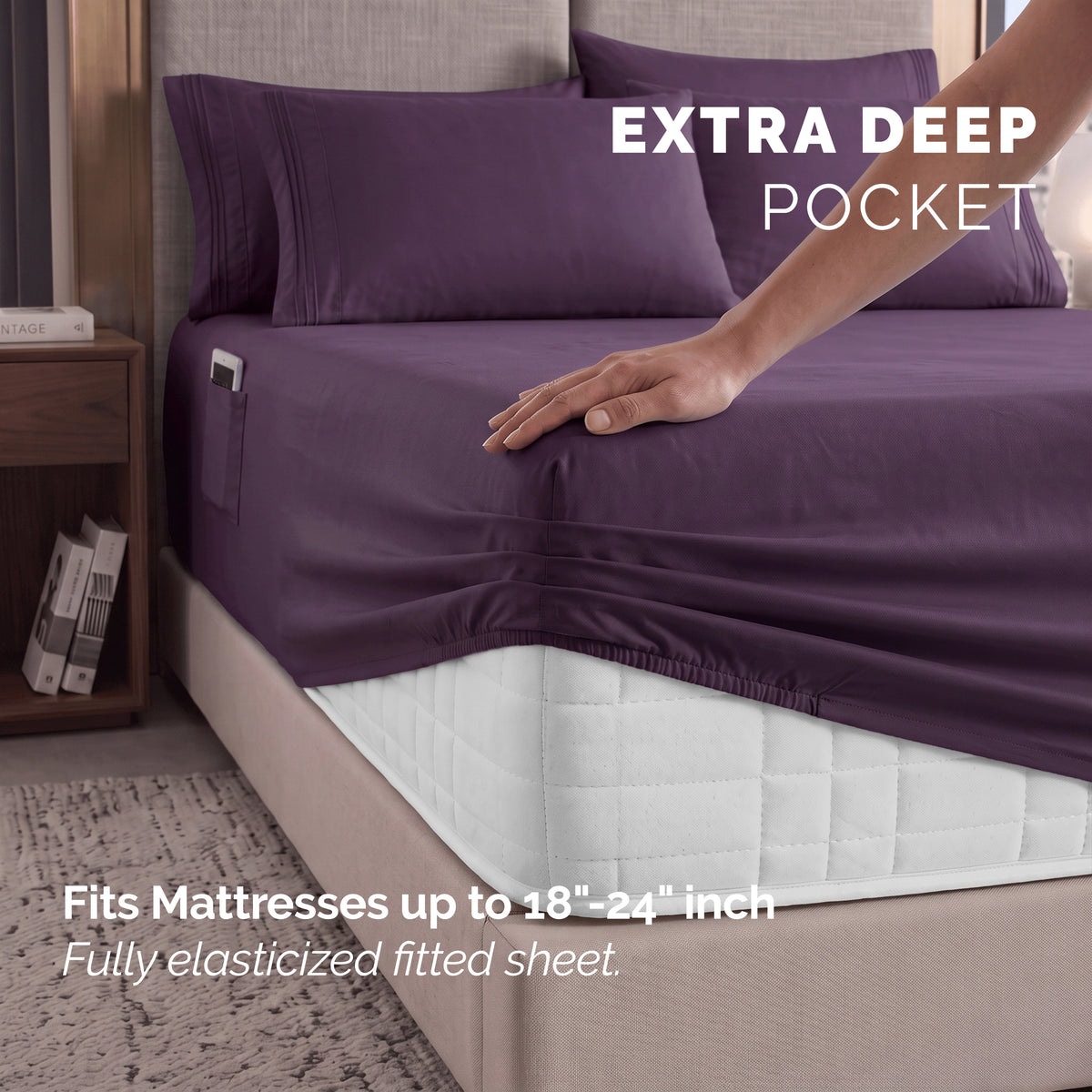 Extra deep 18-24 Inch Pocket 3 Line Embroidery, 6-Piece Sheet Set, Moody Shades