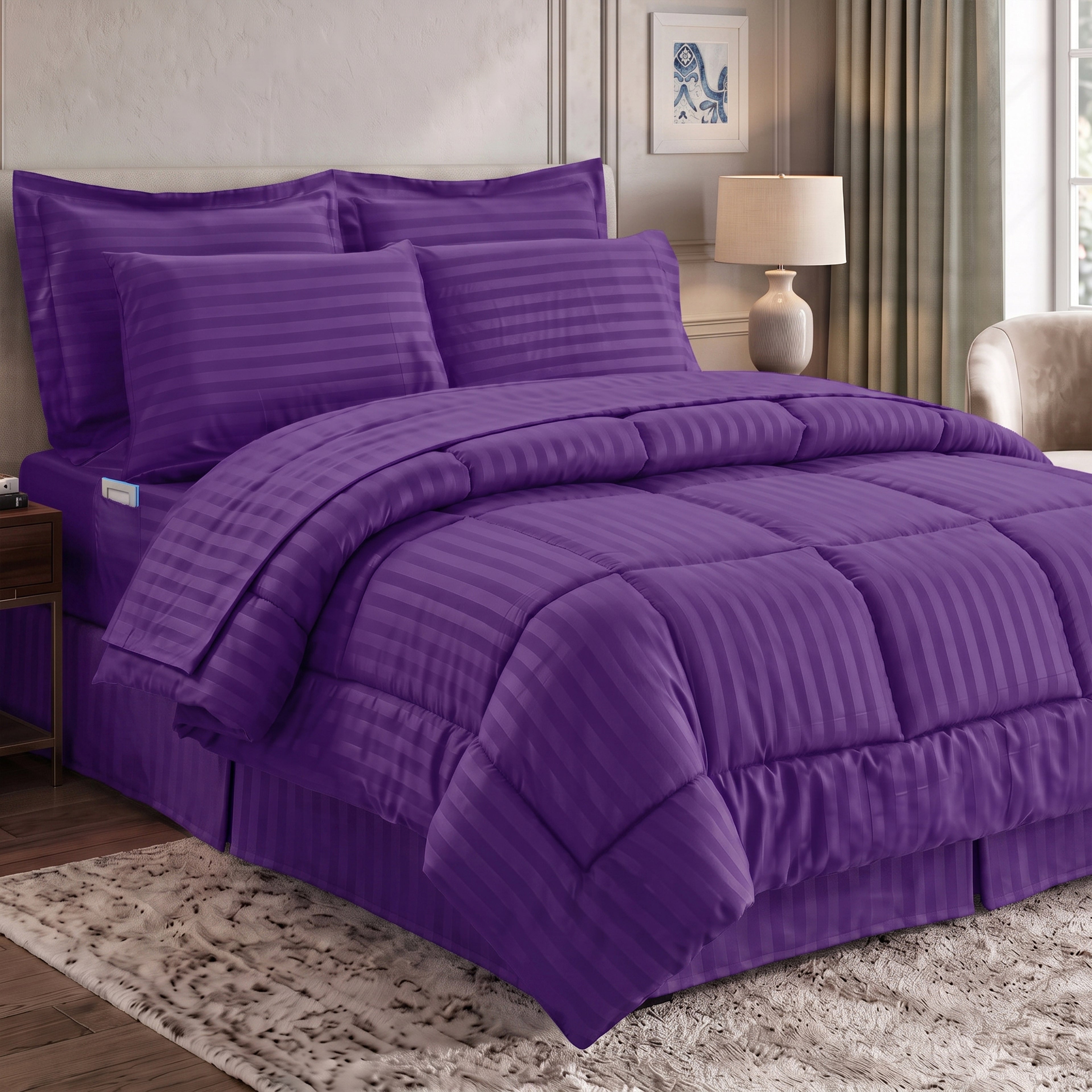 8-Piece Dobby Stripe Comforter Set - Includes 4-Piece Sheet Set with Double Sided Storage Pockets