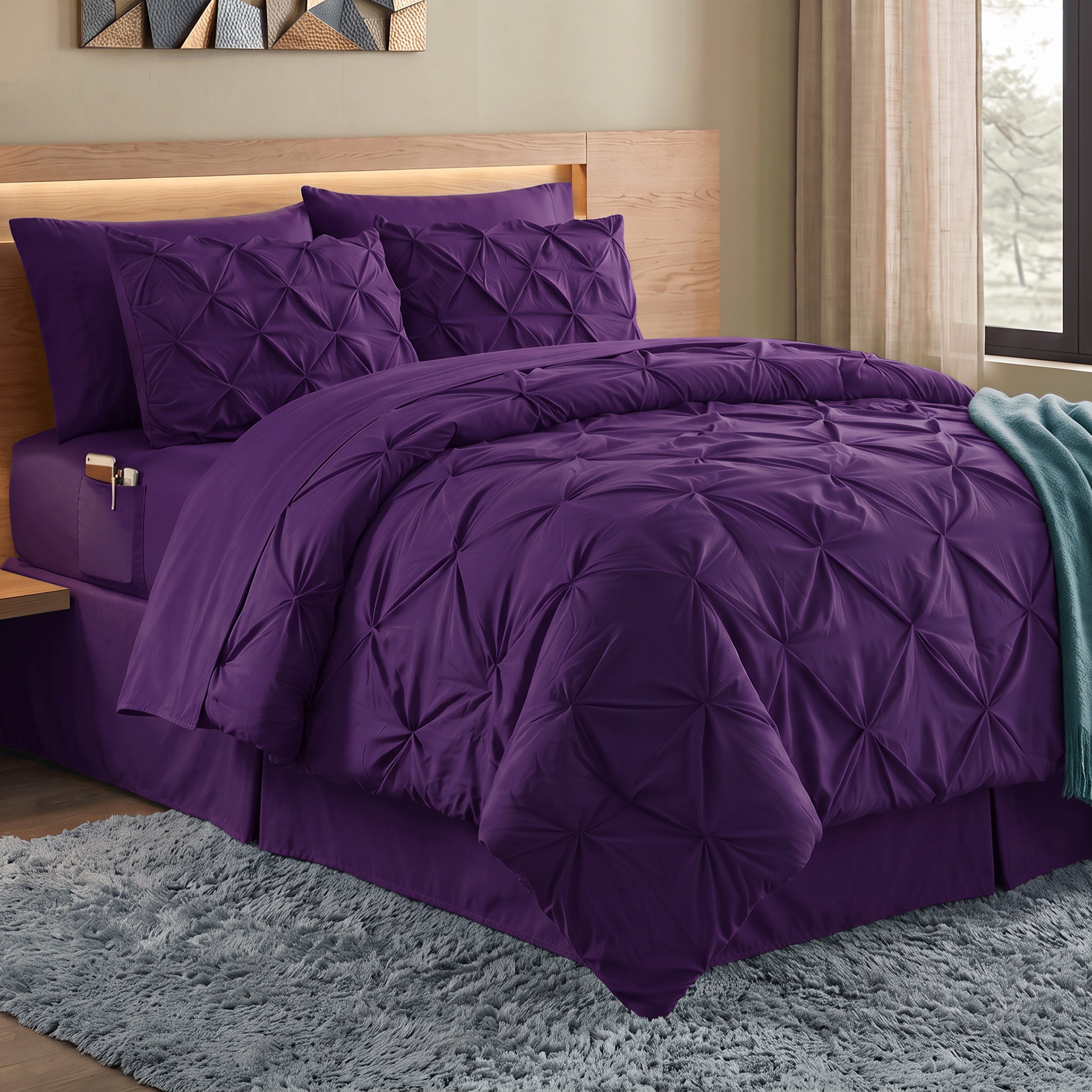 8-Piece Pintuck Pinch Pleated Comforter Set - Includes 4-Piece Sheet Set with Double Sided Storage Pockets