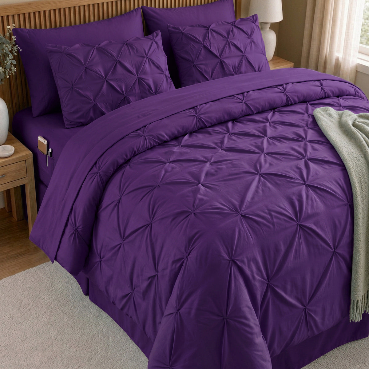 8-Piece Pintuck Pinch Pleated Comforter Set - Includes 4-Piece Sheet Set with Double Sided Storage Pockets