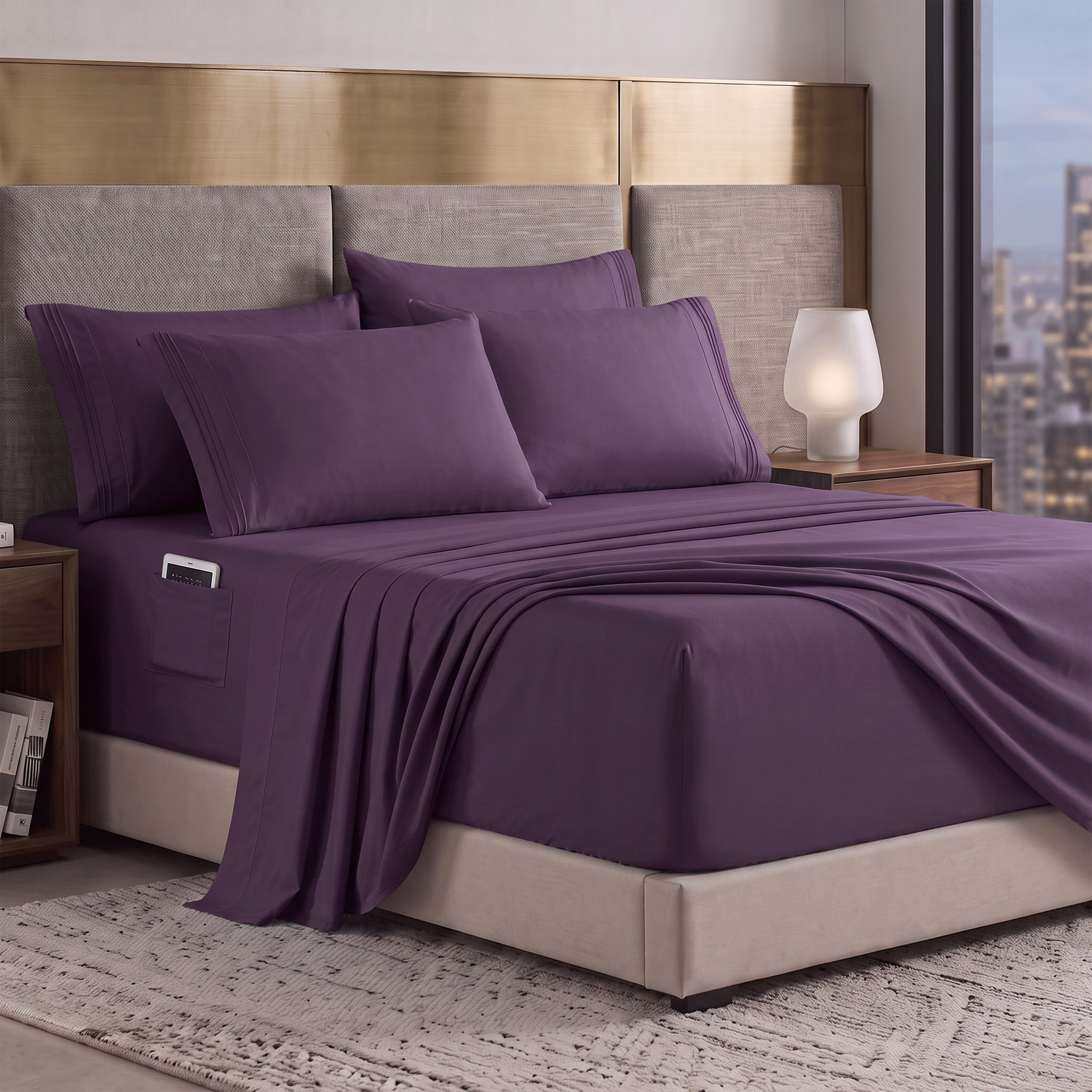 Extra deep 18-24 Inch Pocket 3 Line Embroidery, 6-Piece Sheet Set, Moody Shades
