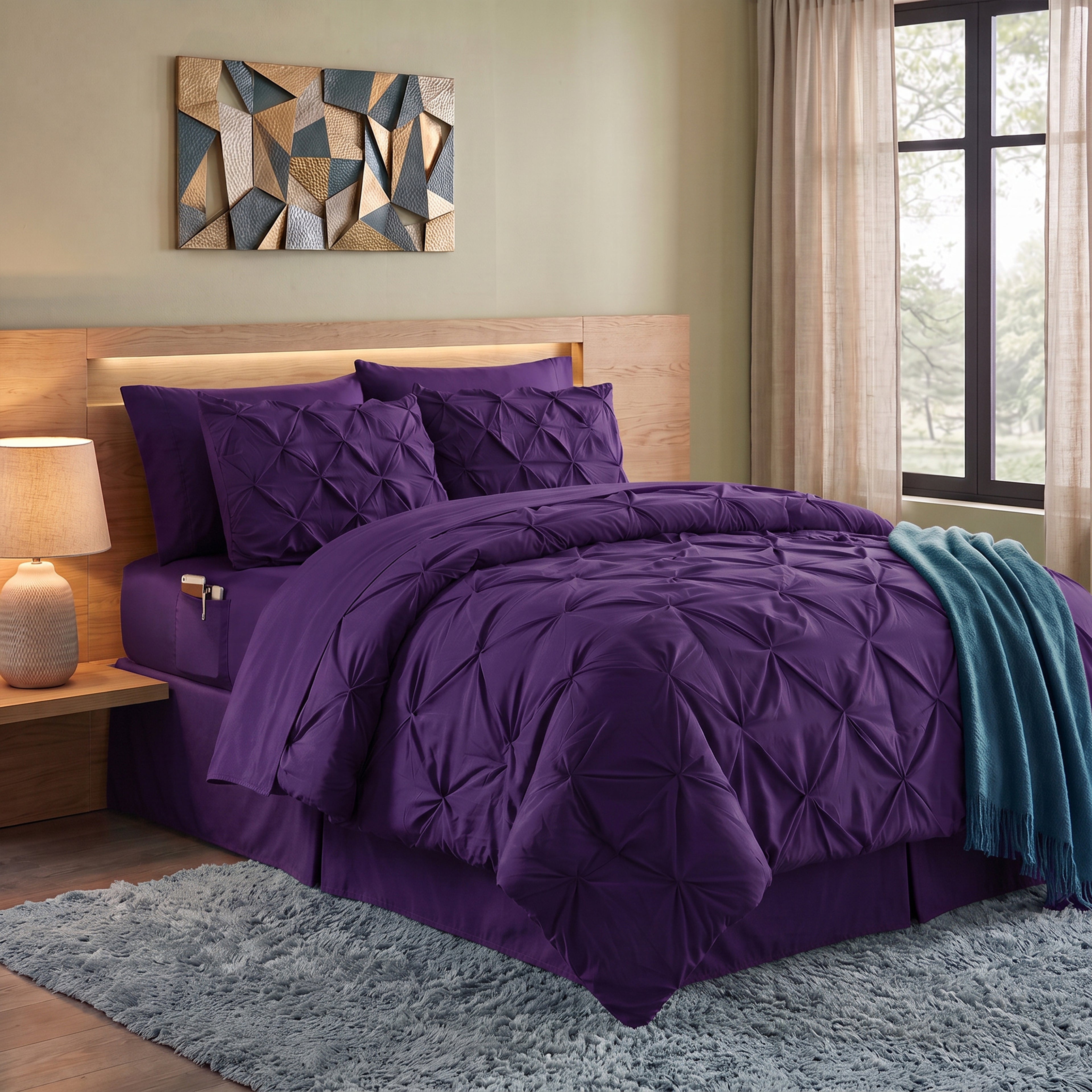 8-Piece Pintuck Pinch Pleated Comforter Set - Includes 4-Piece Sheet Set with Double Sided Storage Pockets