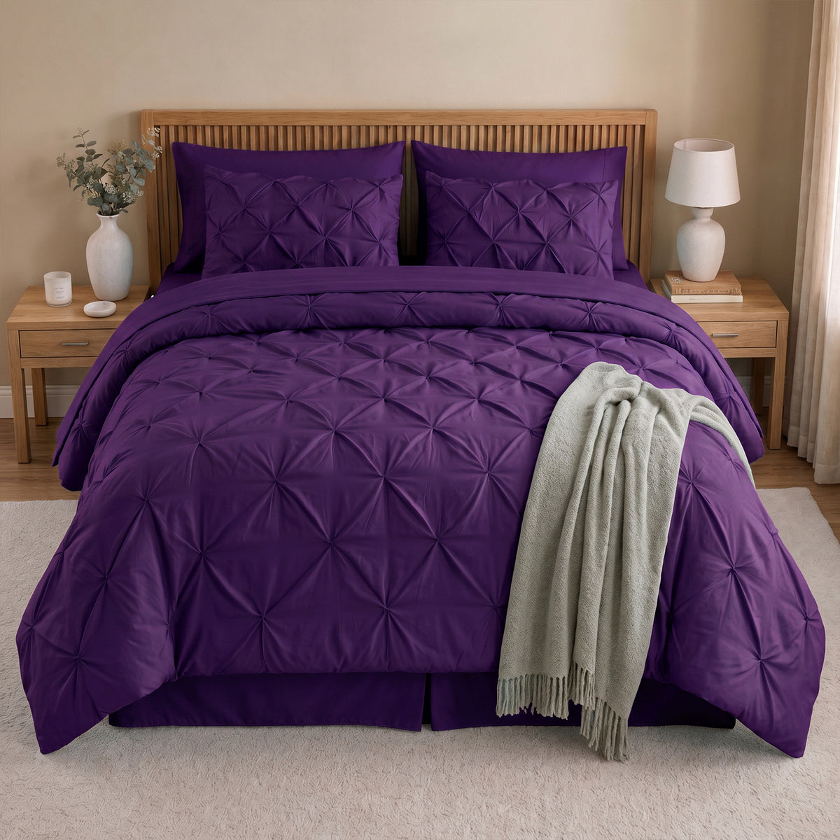 8-Piece Pintuck Pinch Pleated Comforter Set - Includes 4-Piece Sheet Set with Double Sided Storage Pockets