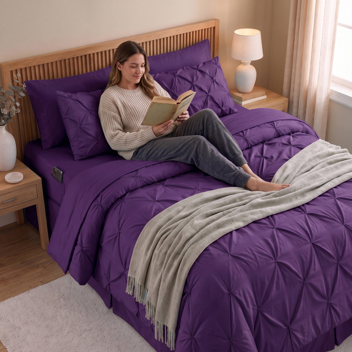 8-Piece Pintuck Pinch Pleated Comforter Set - Includes 4-Piece Sheet Set with Double Sided Storage Pockets