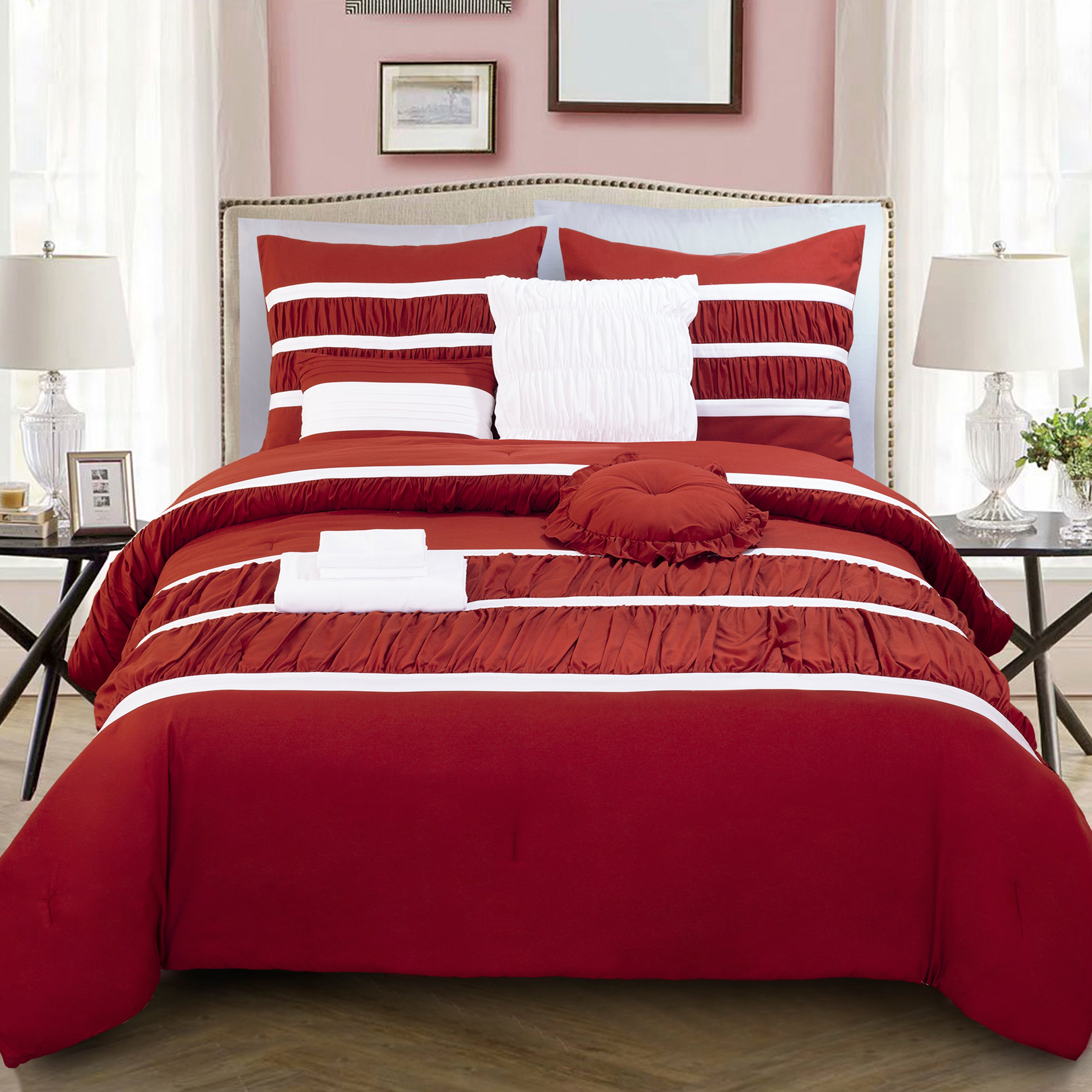 12-Piece Isabella Pleated Ruched Ruffled Comforter Set, Includes 6-Piece Sheet Set with Double Sided Storage Pockets