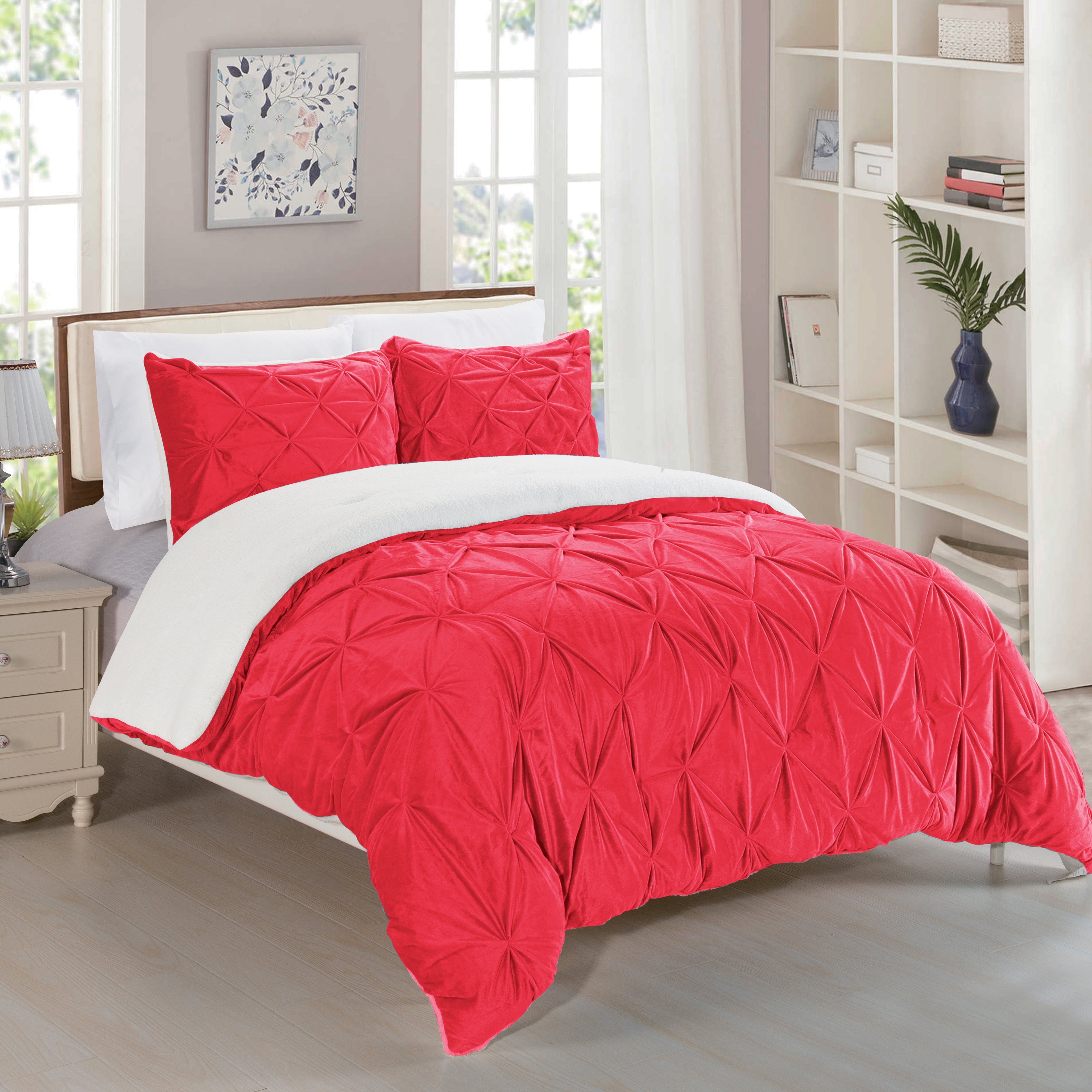 3-Piece Pinch Pleated Micro-Suede Reversible Sherpa - Comforter Set